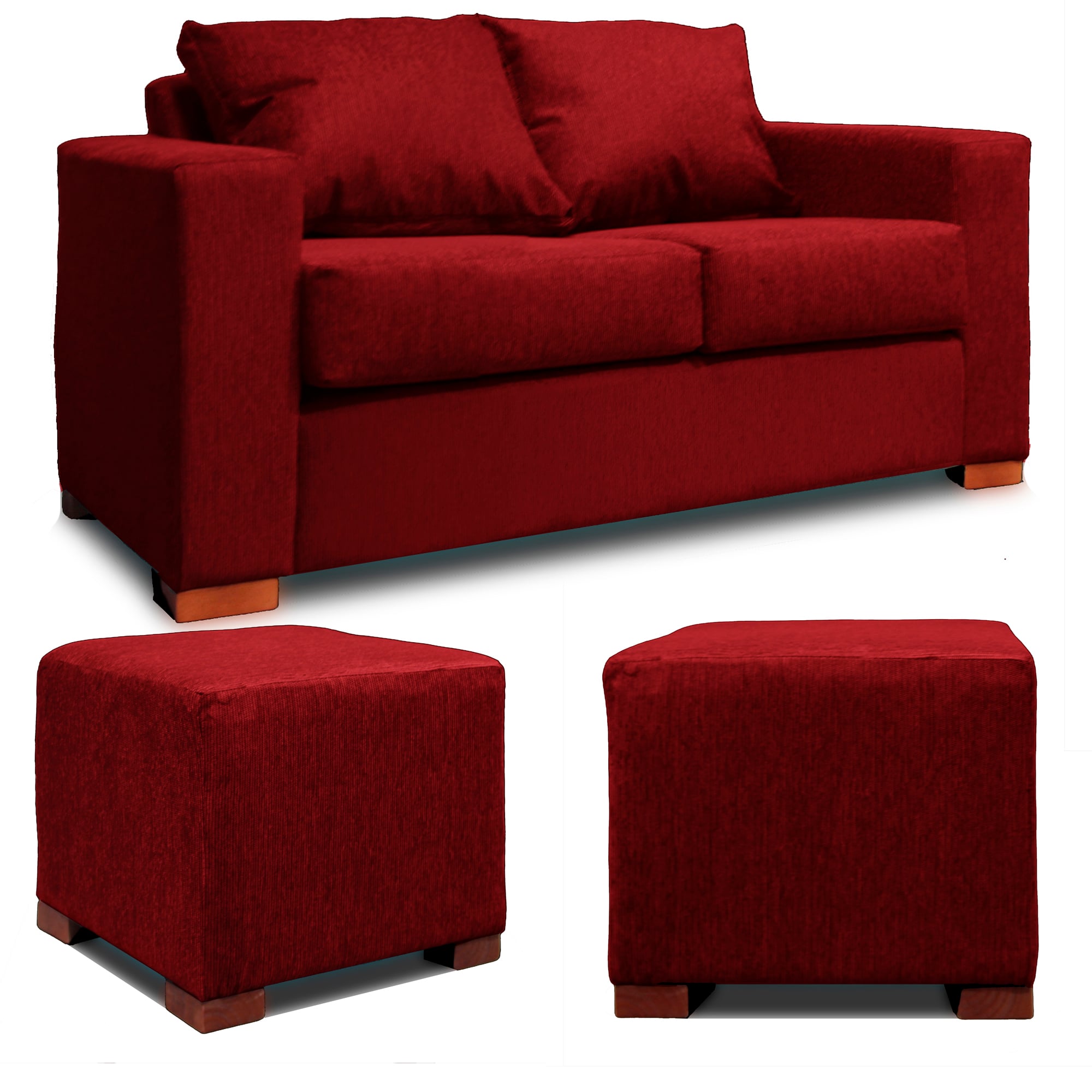 SOFA 2 CUERPOS + 2 POUF EN COLOR ROJO DKORA MODELO CEDRIC - 1