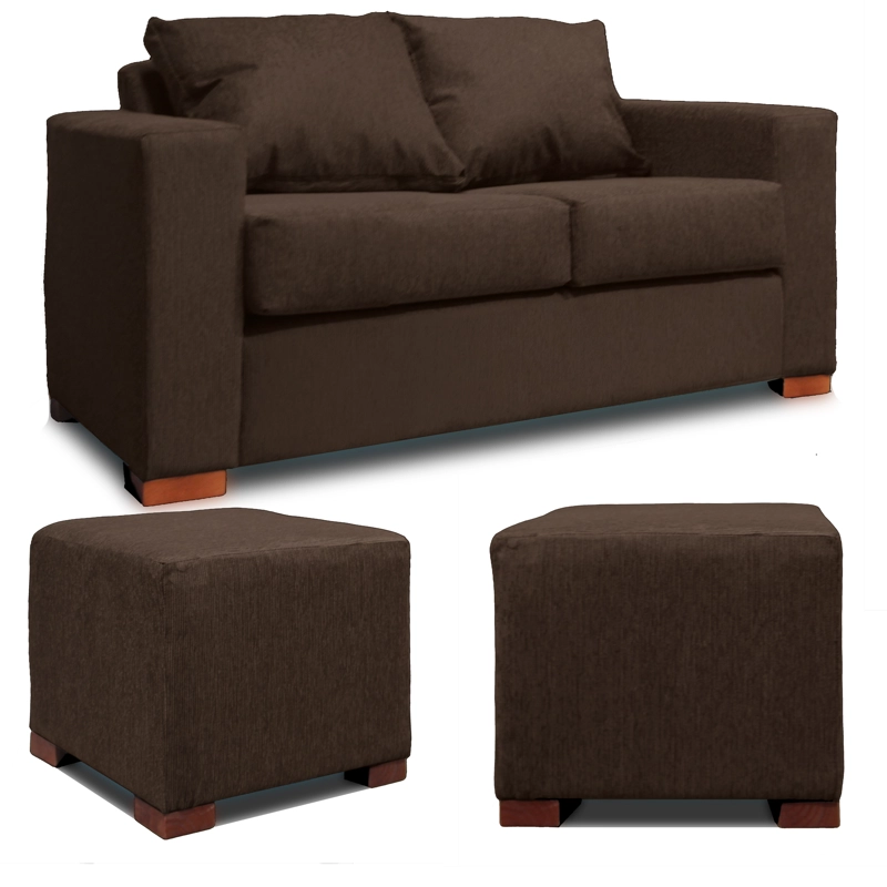 SOFA 2 CUERPOS + 2 POUF EN COLOR CAFE DKORA MODELO CEDRIC - 1