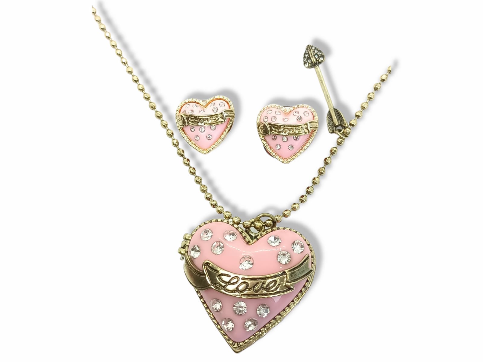 CONJUNTO COLLAR LARGO RELICARIO AROS CORAZON ROSA DULCE AMOR - 1