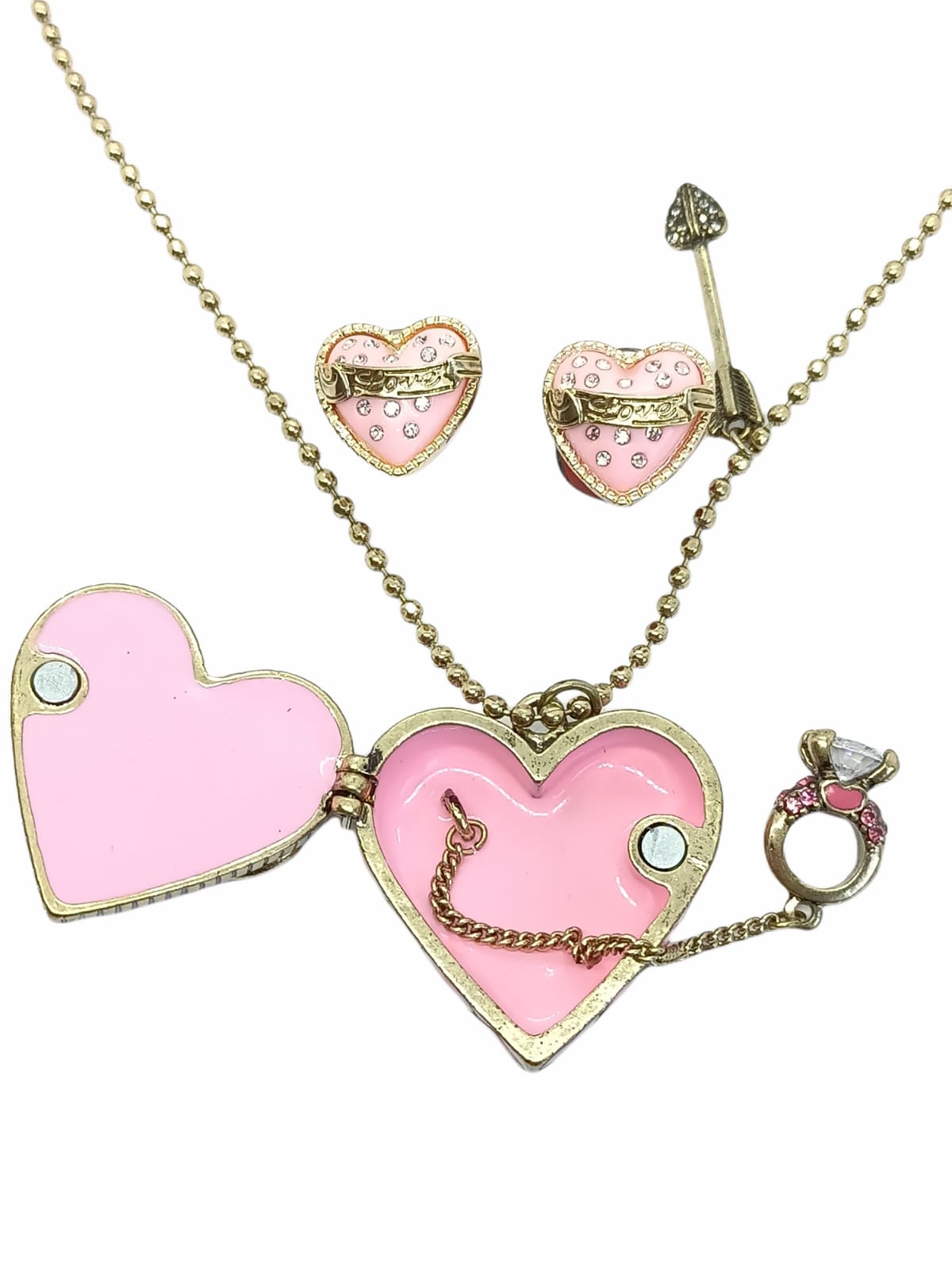 CONJUNTO COLLAR LARGO RELICARIO AROS CORAZON ROSA DULCE AMOR - 2