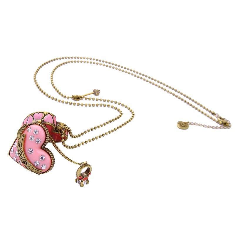 CONJUNTO COLLAR LARGO RELICARIO AROS CORAZON ROSA DULCE AMOR - 3
