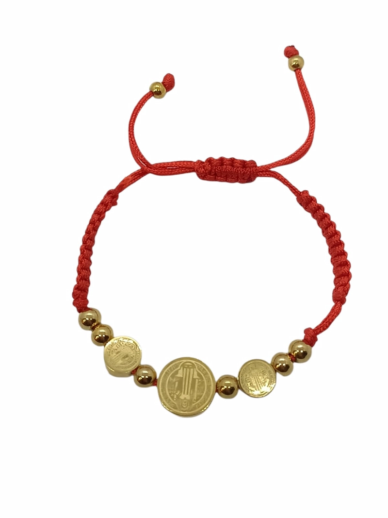 PULSERA DE BUENA SUERTE Y PROTECCIÓN AJUSTABLE MEDALLA SAN BENITO CUERDA EN COLOR ROJO - 1