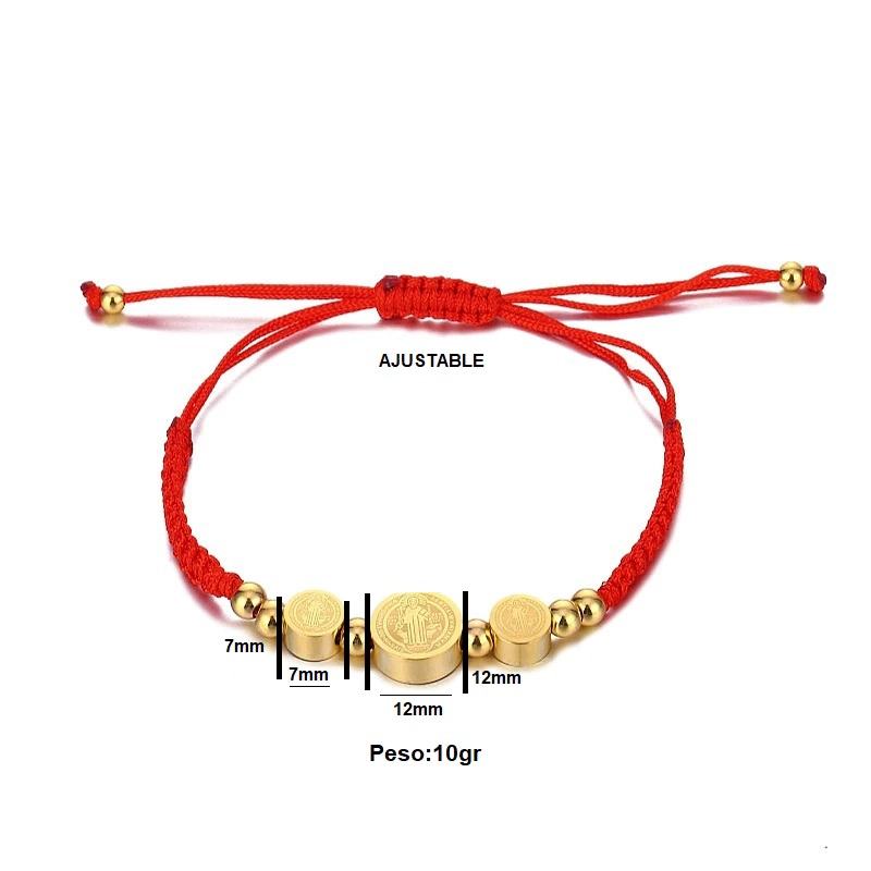 PULSERA DE BUENA SUERTE Y PROTECCIÓN AJUSTABLE MEDALLA SAN BENITO CUERDA EN COLOR ROJO - 3
