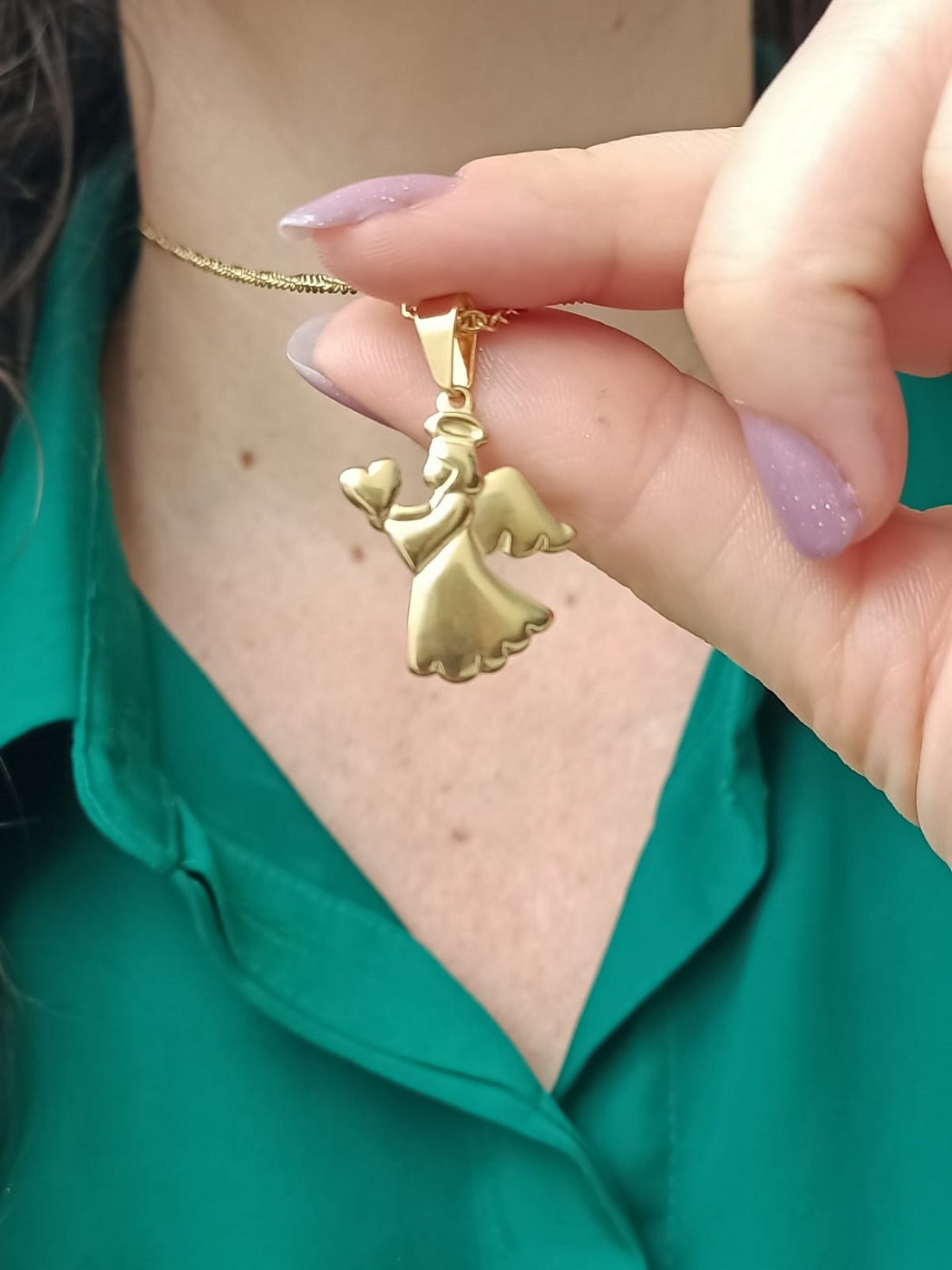 COLGANTE ANGEL GUARDIAN CHAPADO EN ORO CORAZON PROTECCION - 3