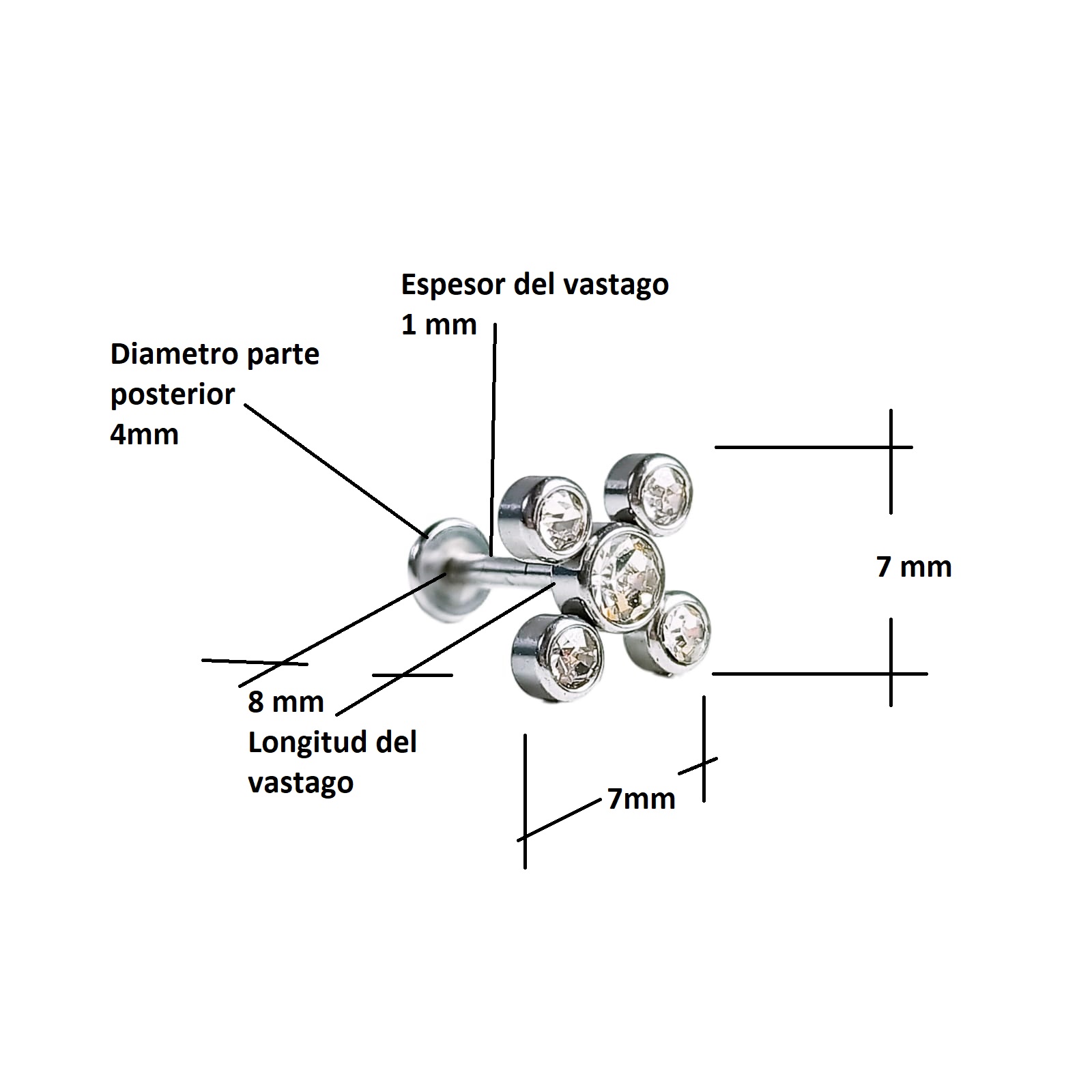 PIERCING PUNTO LUZ TRAGUS CONCH LABRET MODELO DRONE HIPOALERGÉNICO UNIDAD - 4