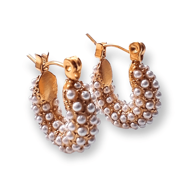 ARETES EL BAÚL DE JUMA ARGOLLAS BOTE CHICAS PERLAS INCRUSTADAS CHAPADAS EN ORO 18KL - 1