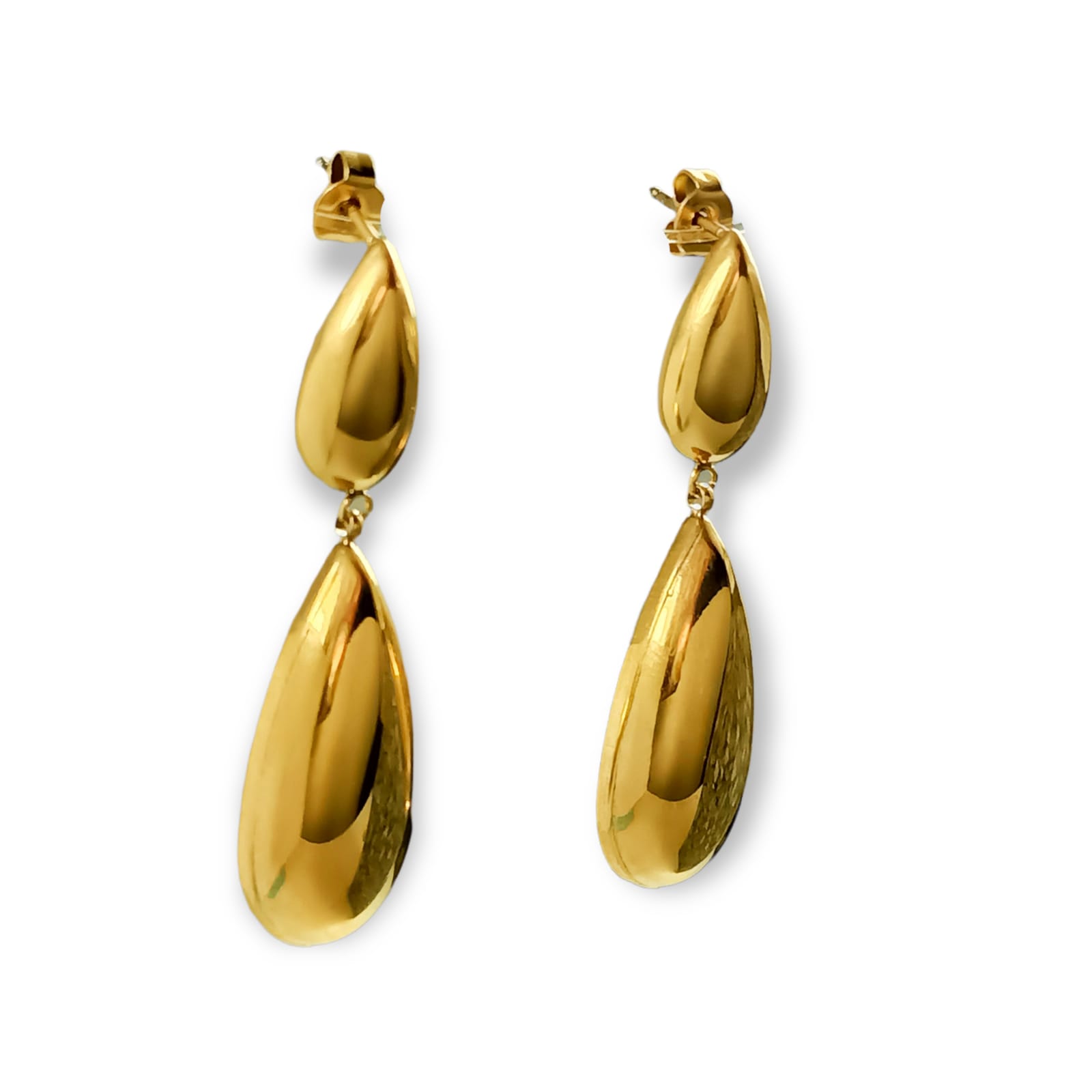 PENDIENTES EL BAÚL DE JUMA TIPO DROP GOTA LARGOS ESPEJO ELEGANTES CHAPADO EN ORO LUJO - 1