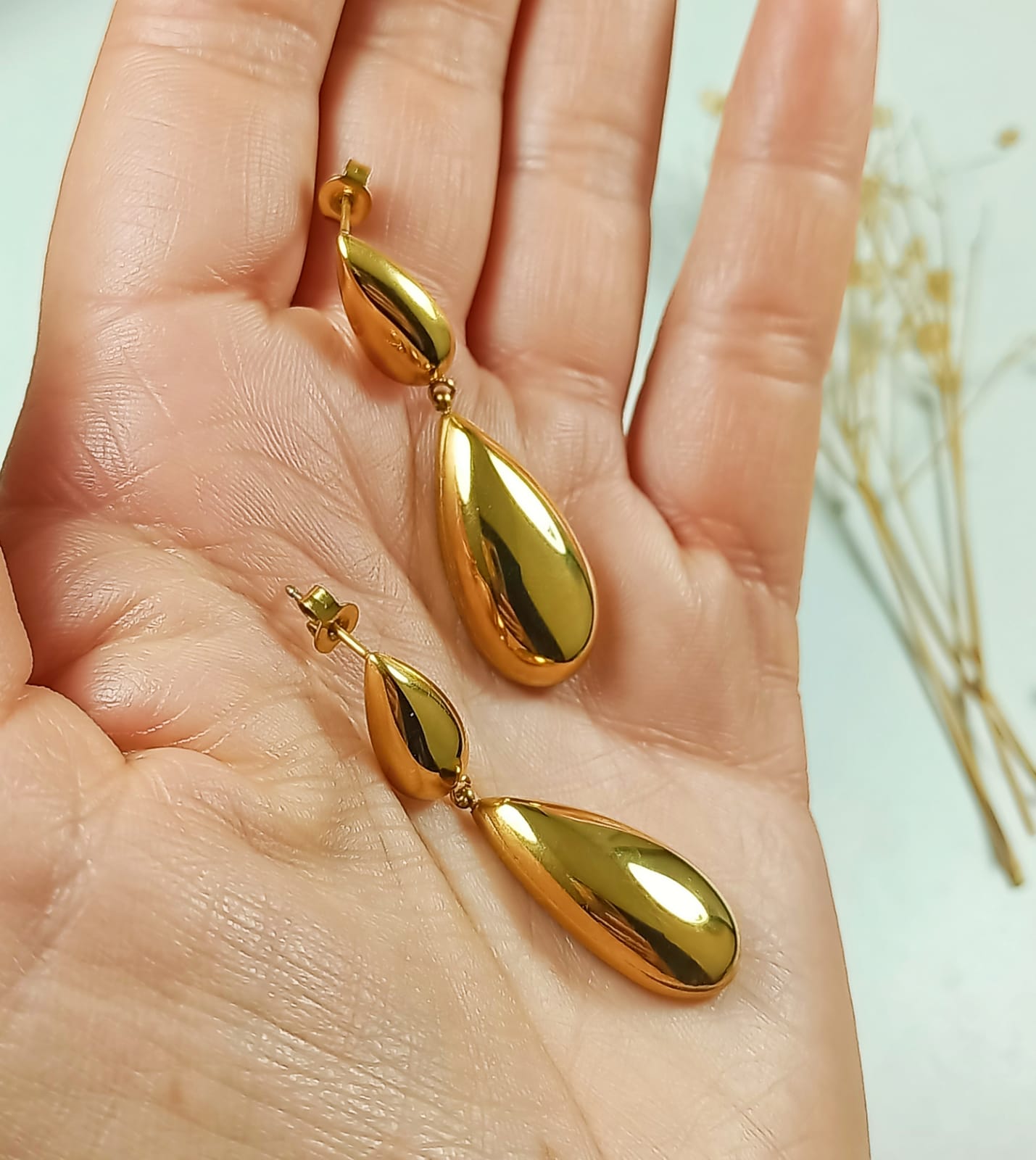 PENDIENTES EL BAÚL DE JUMA TIPO DROP GOTA LARGOS ESPEJO ELEGANTES CHAPADO EN ORO LUJO - 2