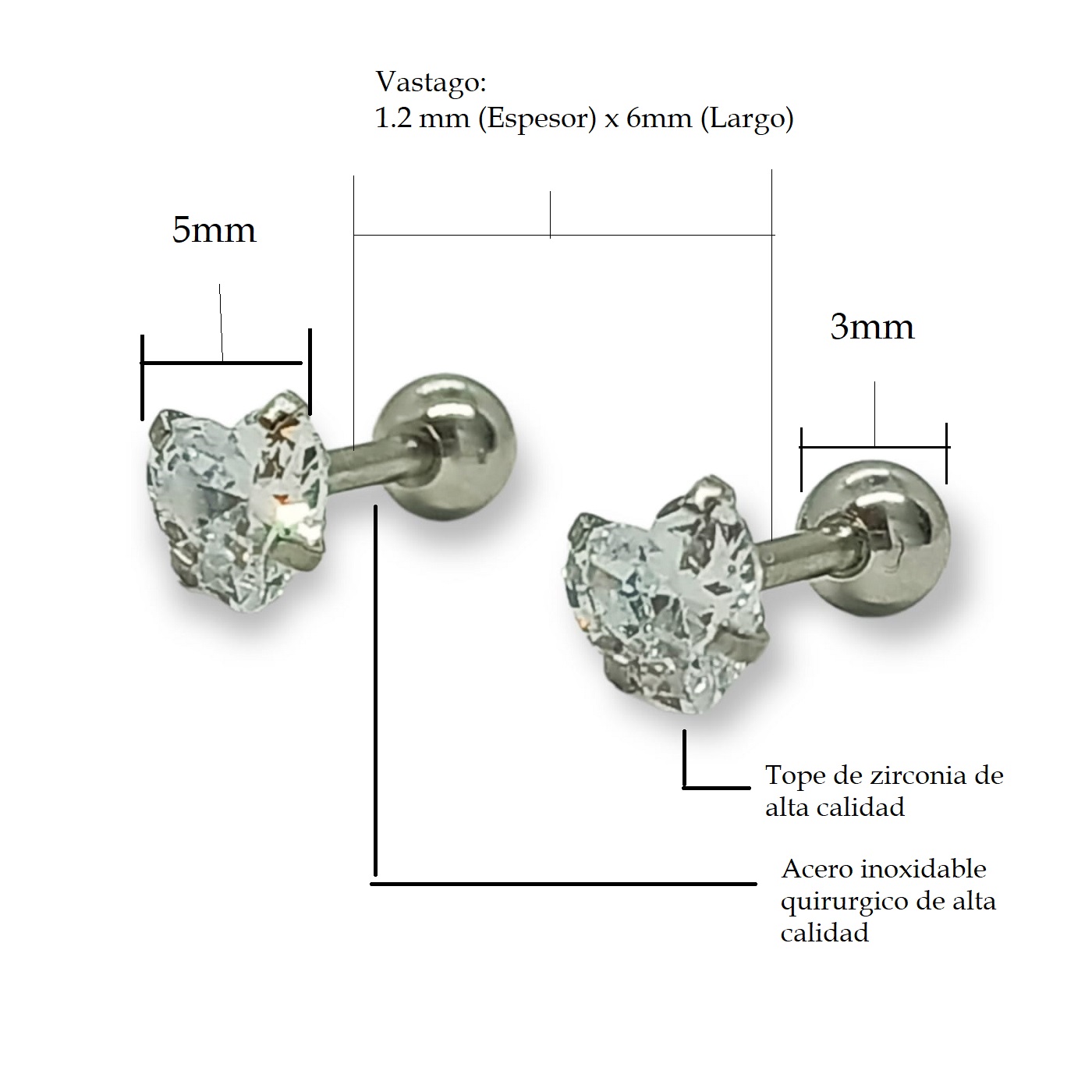 AROS SEGURIDAD PUNTOS LUZ ZIRCONIO BLANCO FIGURA CORAZON 5MM HIPOALERGÉNICO - 2