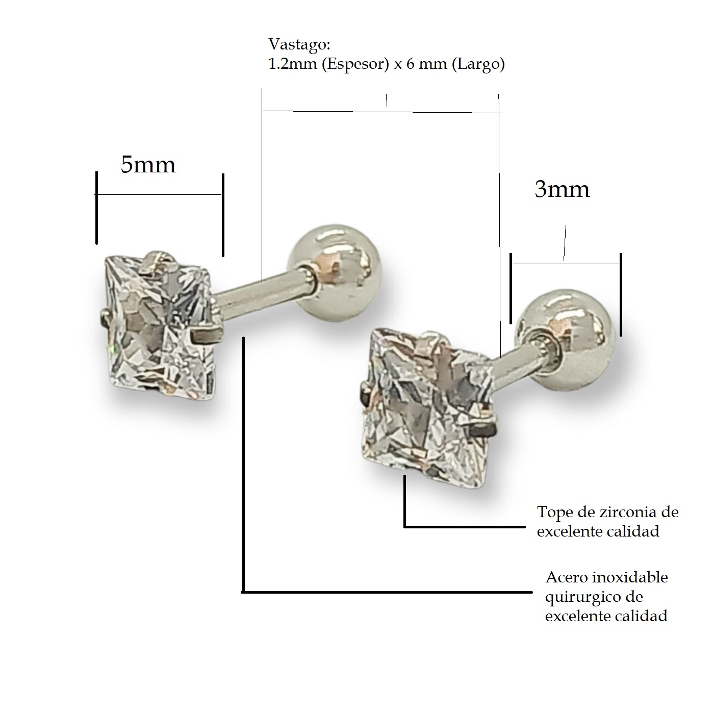 AROS SEGURIDAD PUNTOS LUZ ZIRCONIO BLANCO FIGURA CUADRADO 5MM HIPOALERGÉNICO - 4