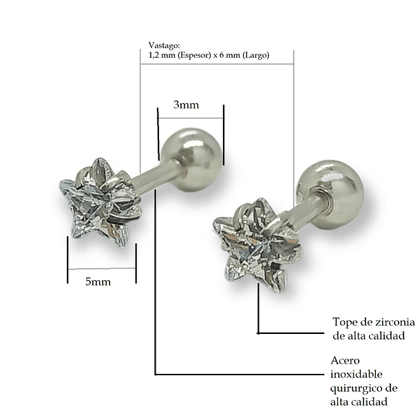 AROS SEGURIDAD PUNTOS LUZ ZIRCONIO BLANCO FIGURA ESTRELLA 5MM HIPOALERGÉNICO - 3