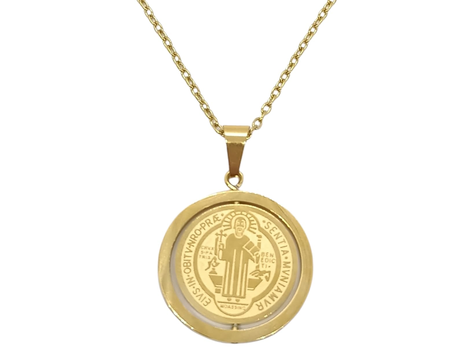 COLGANTE MEDALLA SAN BENITO GIRATORIO ANTIESTRÉS CHAPADO EN ORO 18KL - 1