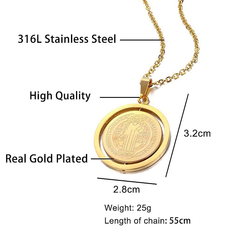 COLGANTE MEDALLA SAN BENITO GIRATORIO ANTIESTRÉS CHAPADO EN ORO 18KL - 4