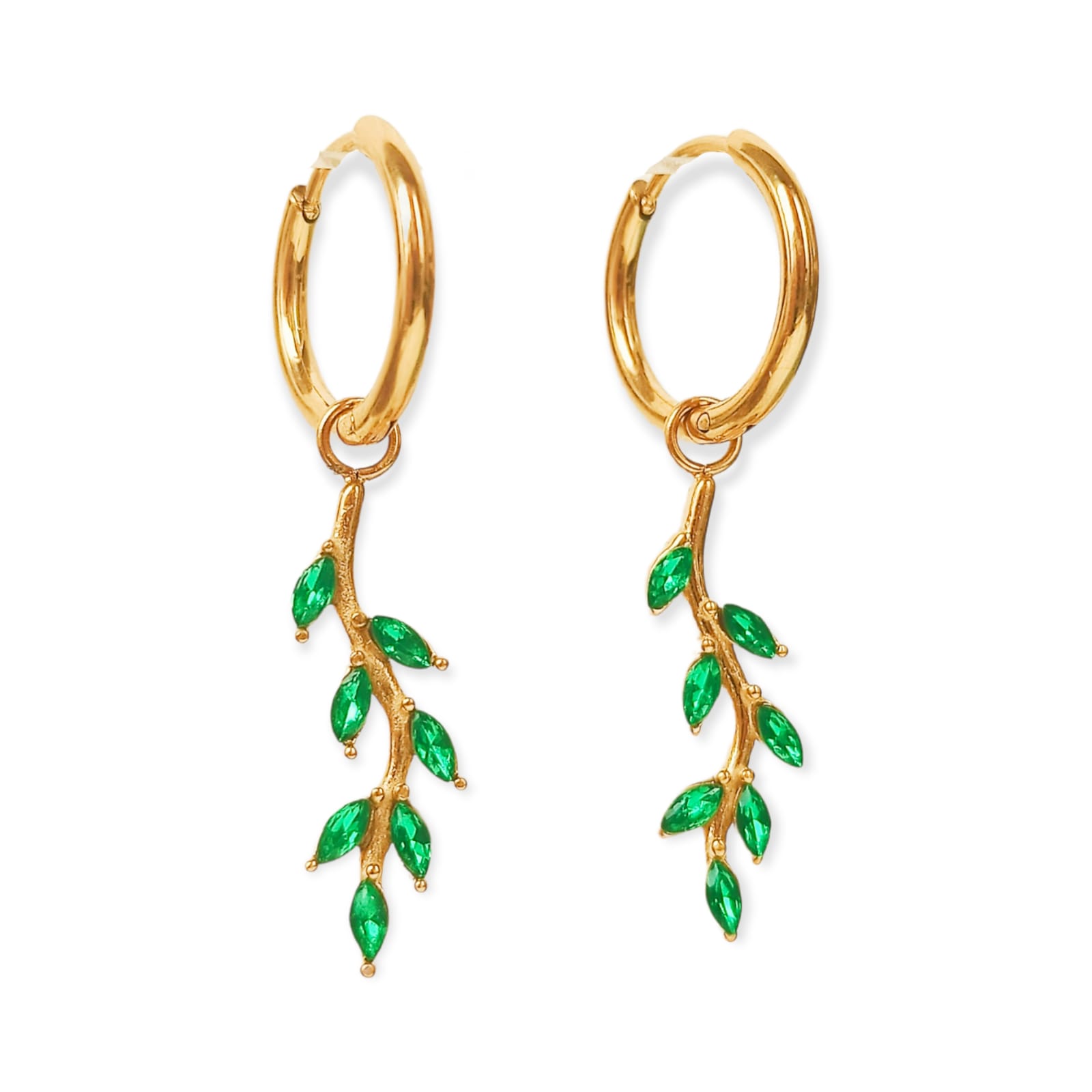 ARGOLLAS AROS HIEDRAS HUGGIES CIRCONIO VERDE CHAPADA EN ORO 18K - 1