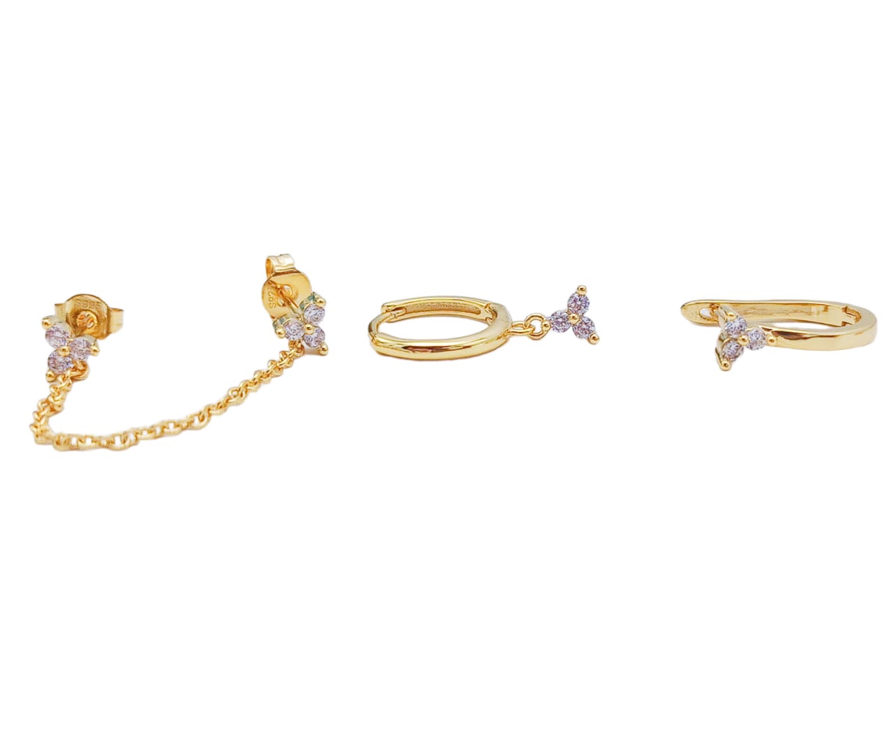 SET CONJUNTO HUGGIES PENDIENTES FLOR TRÍMERA CHAPADOS EN ORO 18K - 3