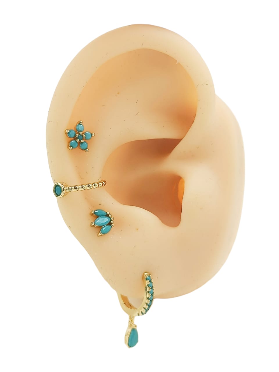SET CONJUNTO HUGGIES PENDIENTES TURQUESA CHAPADOS EN ORO 18K - 1
