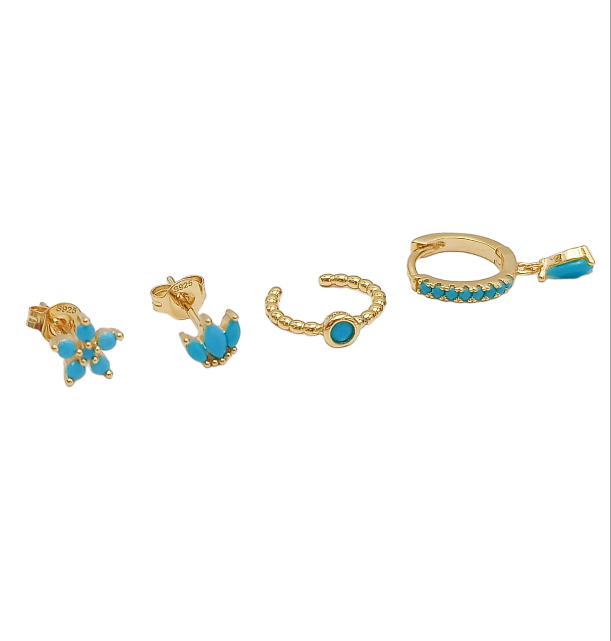 SET CONJUNTO HUGGIES PENDIENTES TURQUESA CHAPADOS EN ORO 18K - 3