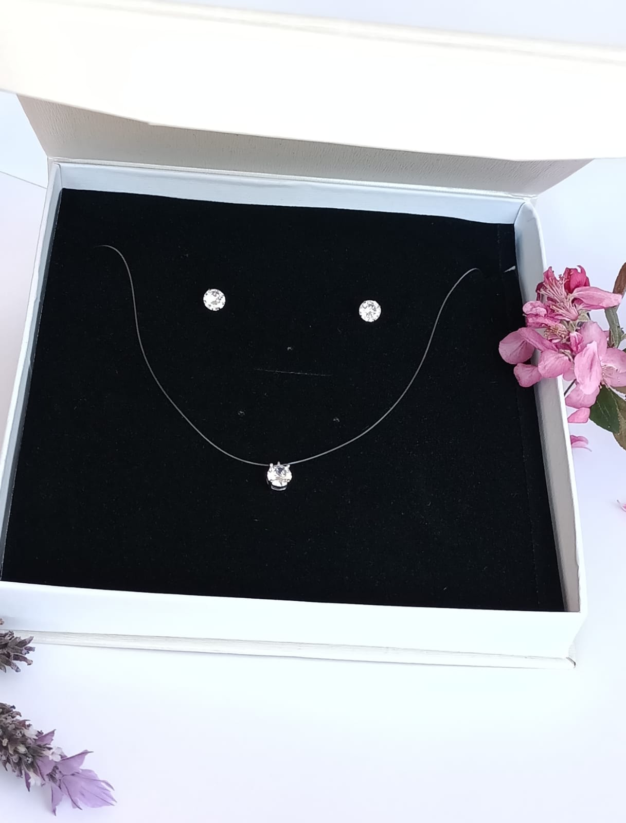SET CONJUNTO COLLAR NYLON AROS PUNTO DE LUZ PLATA 7MM AMOR - 6