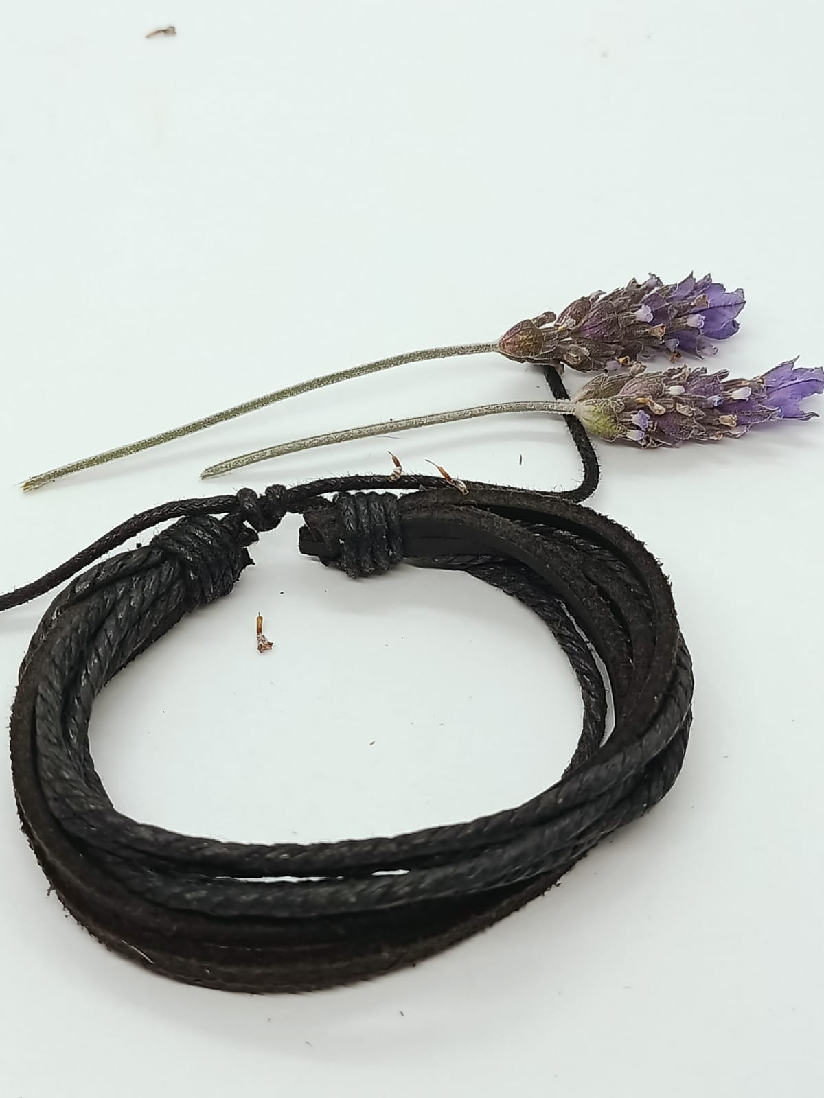 PULSERA DE CUERO Y CUERDA TRENZADA NEGRA AJUSTABLE - 1