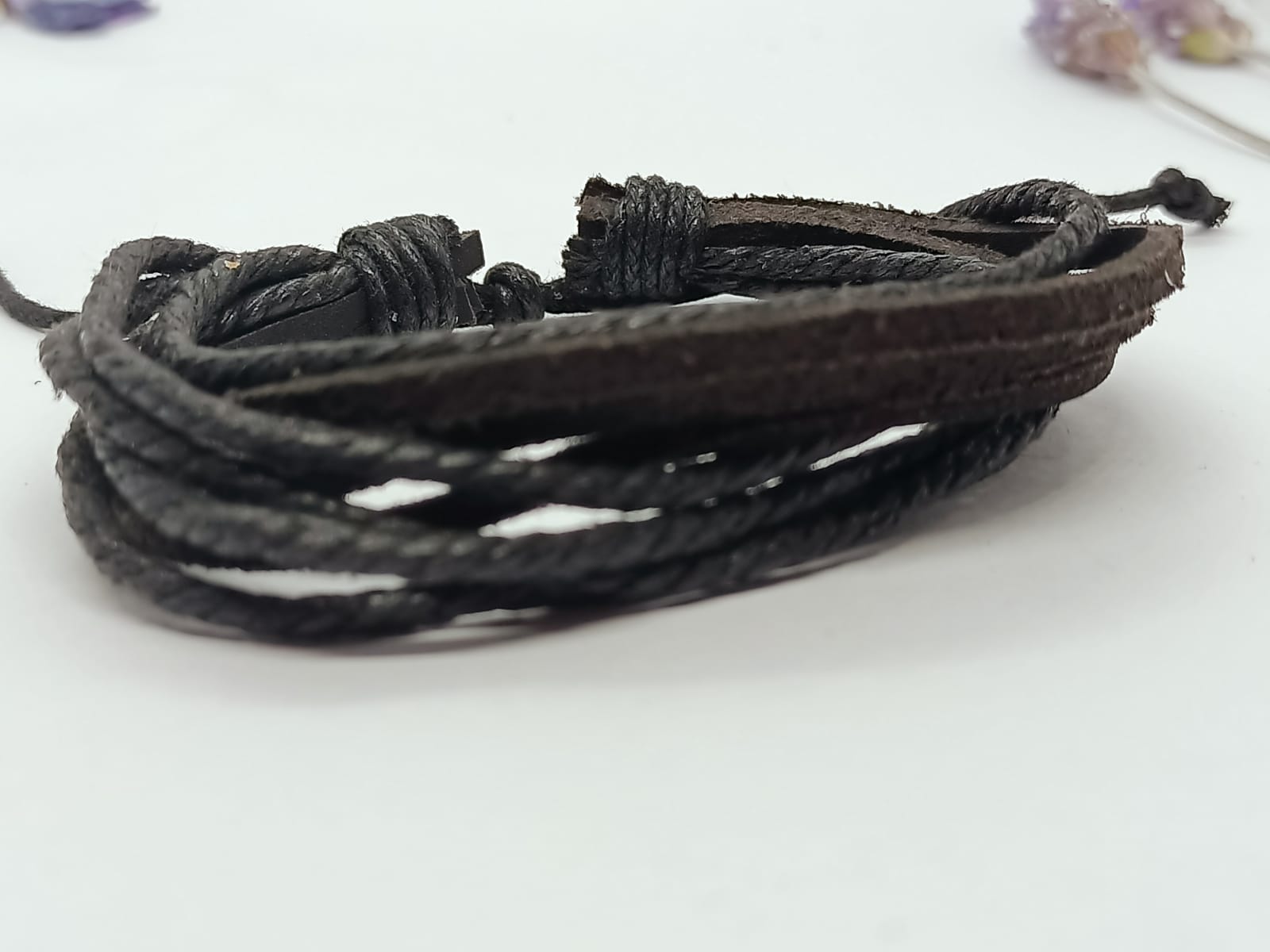 PULSERA DE CUERO Y CUERDA TRENZADA NEGRA AJUSTABLE - 3