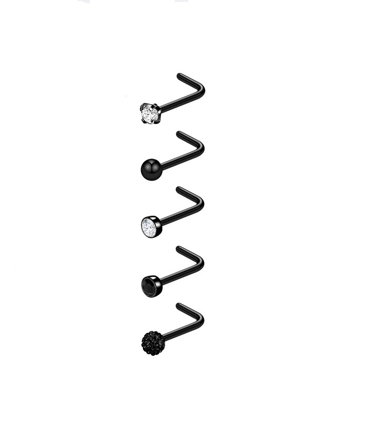 SET 5 PIERCING NEGRO ACERO QUIRÚRGICO NARIZ ZIRCONIA NOSTRIL TIPO L - 1