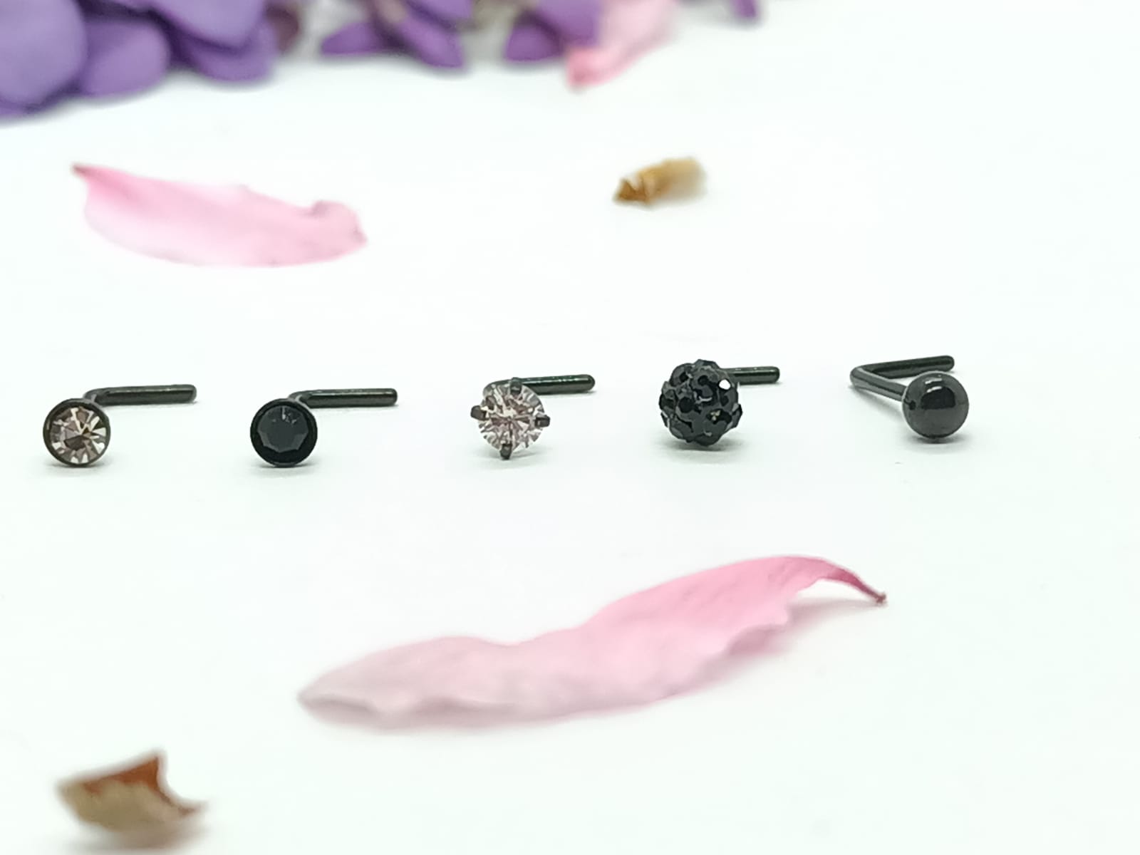 SET 5 PIERCING NEGRO ACERO QUIRÚRGICO NARIZ ZIRCONIA NOSTRIL TIPO L - 2