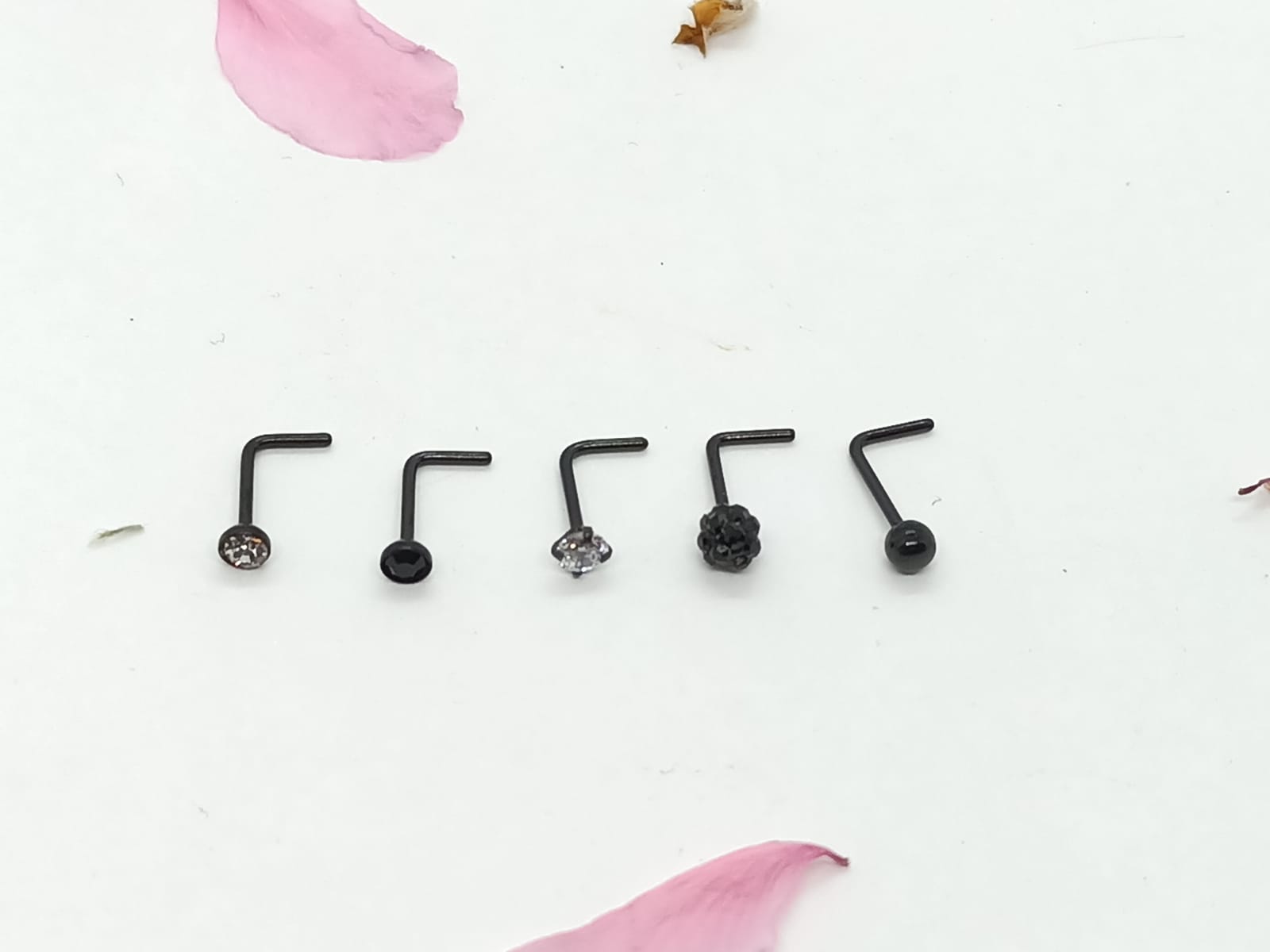SET 5 PIERCING NEGRO ACERO QUIRÚRGICO NARIZ ZIRCONIA NOSTRIL TIPO L - 3