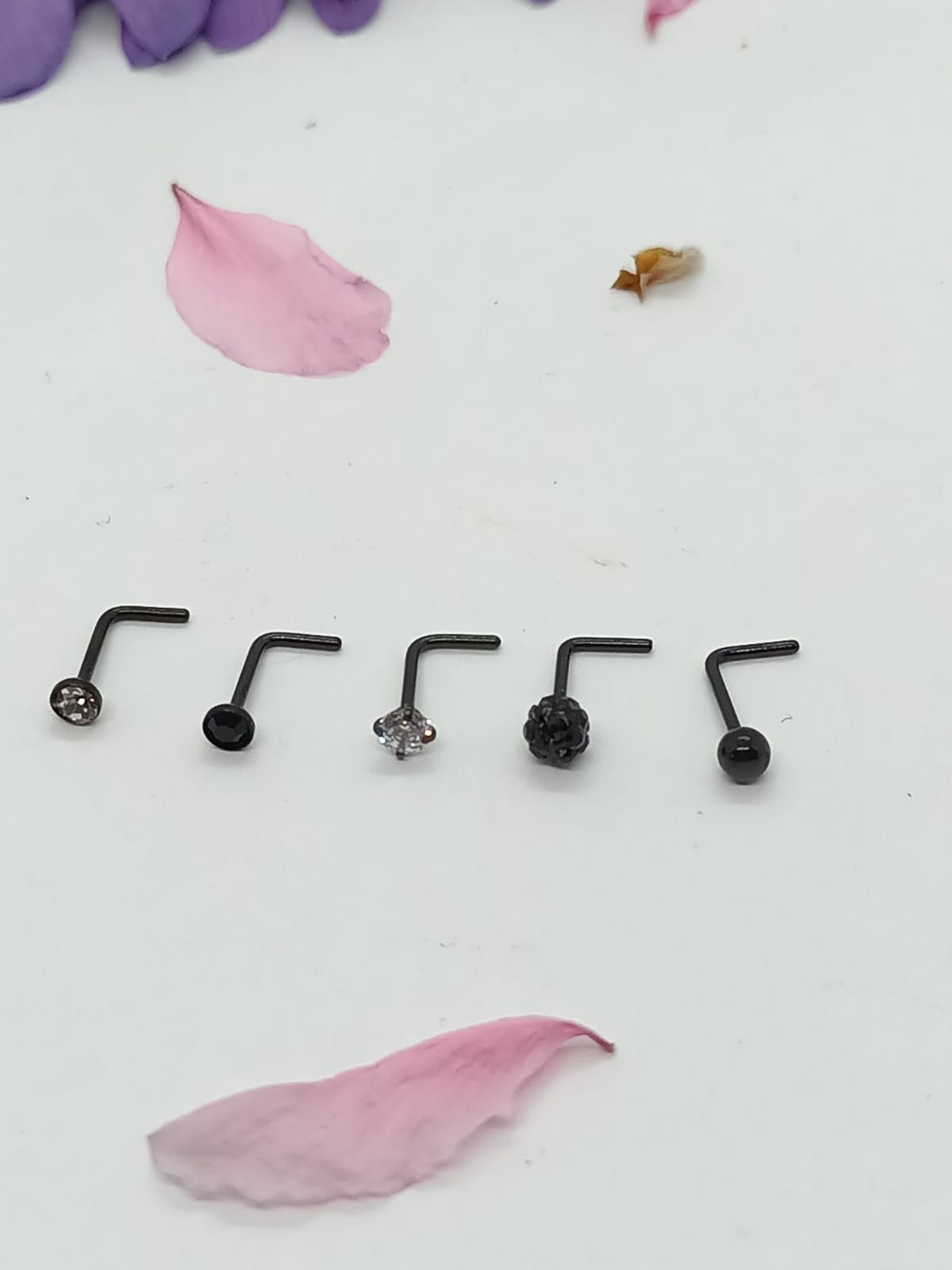 SET 5 PIERCING NEGRO ACERO QUIRÚRGICO NARIZ ZIRCONIA NOSTRIL TIPO L - 4
