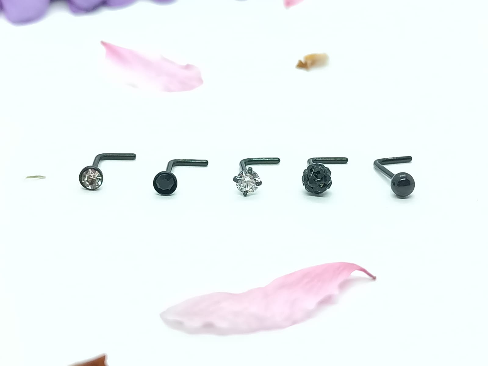 SET 5 PIERCING NEGRO ACERO QUIRÚRGICO NARIZ ZIRCONIA NOSTRIL TIPO L - 5