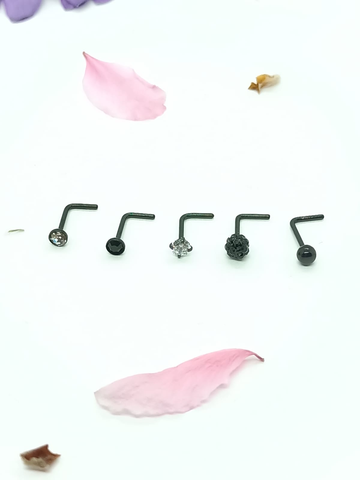SET 5 PIERCING NEGRO ACERO QUIRÚRGICO NARIZ ZIRCONIA NOSTRIL TIPO L - 6