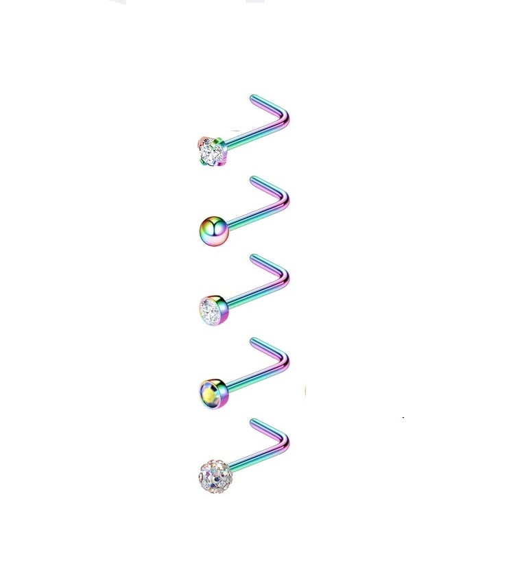 SET 5 PIERCING MULTICOLOR ACERO QUIRÚRGICO NARIZ ZIRCONIA NOSTRIL TIPO L - 1