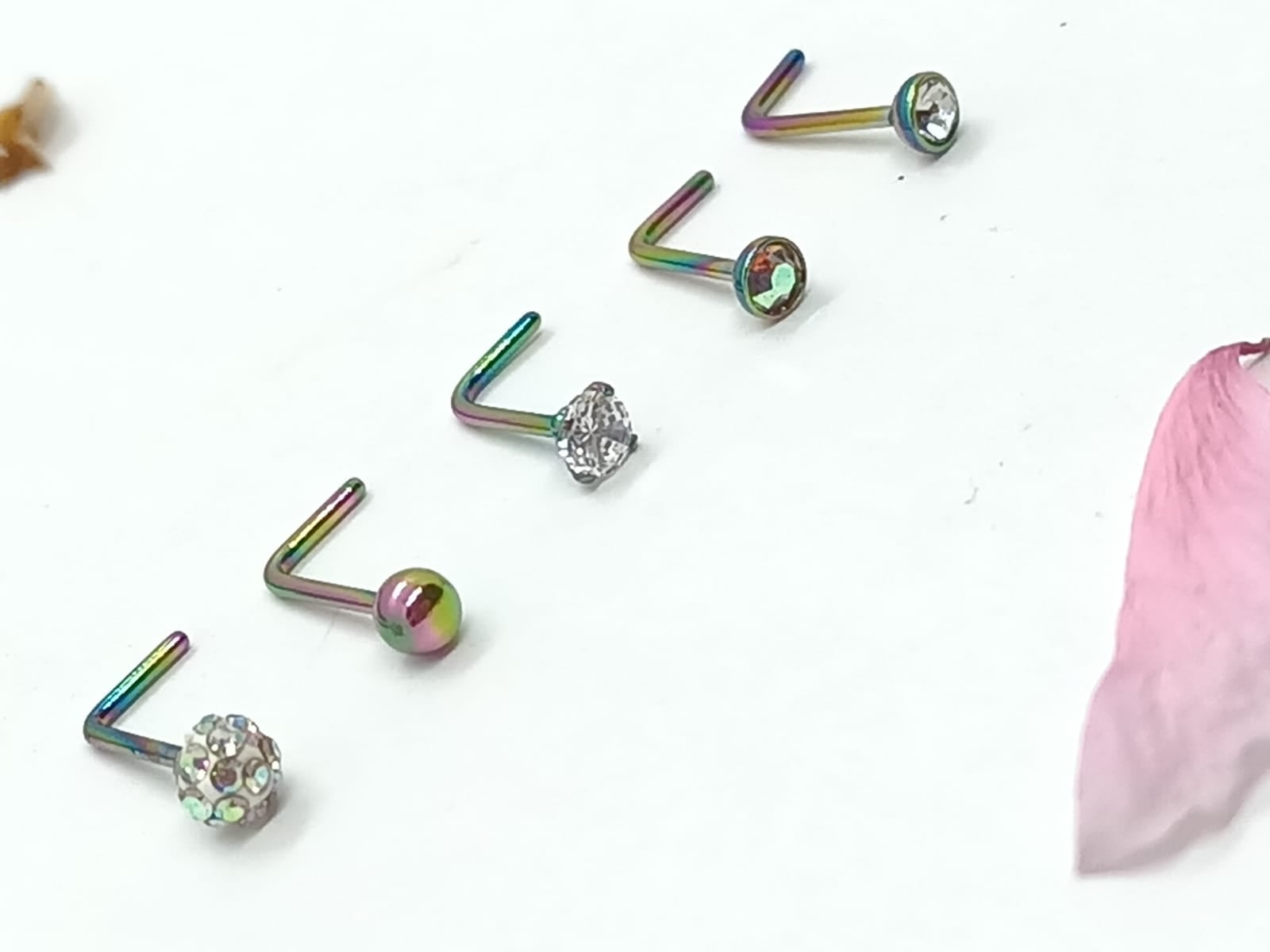 SET 5 PIERCING MULTICOLOR ACERO QUIRÚRGICO NARIZ ZIRCONIA NOSTRIL TIPO L - 2