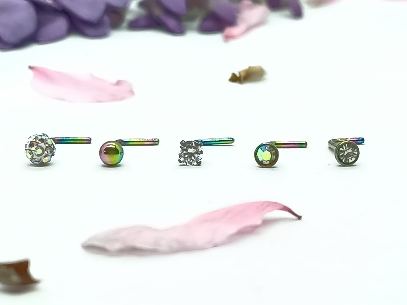 SET 5 PIERCING MULTICOLOR ACERO QUIRÚRGICO NARIZ ZIRCONIA NOSTRIL TIPO L - 3