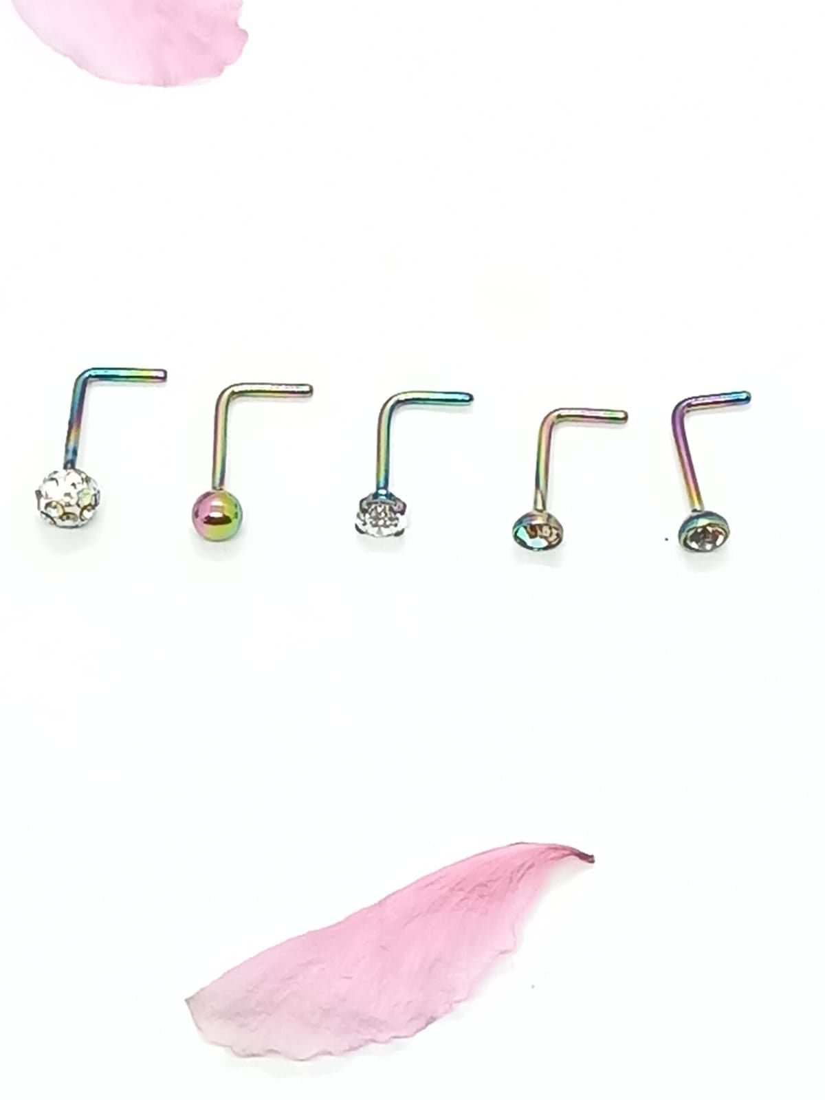 SET 5 PIERCING MULTICOLOR ACERO QUIRÚRGICO NARIZ ZIRCONIA NOSTRIL TIPO L - 4