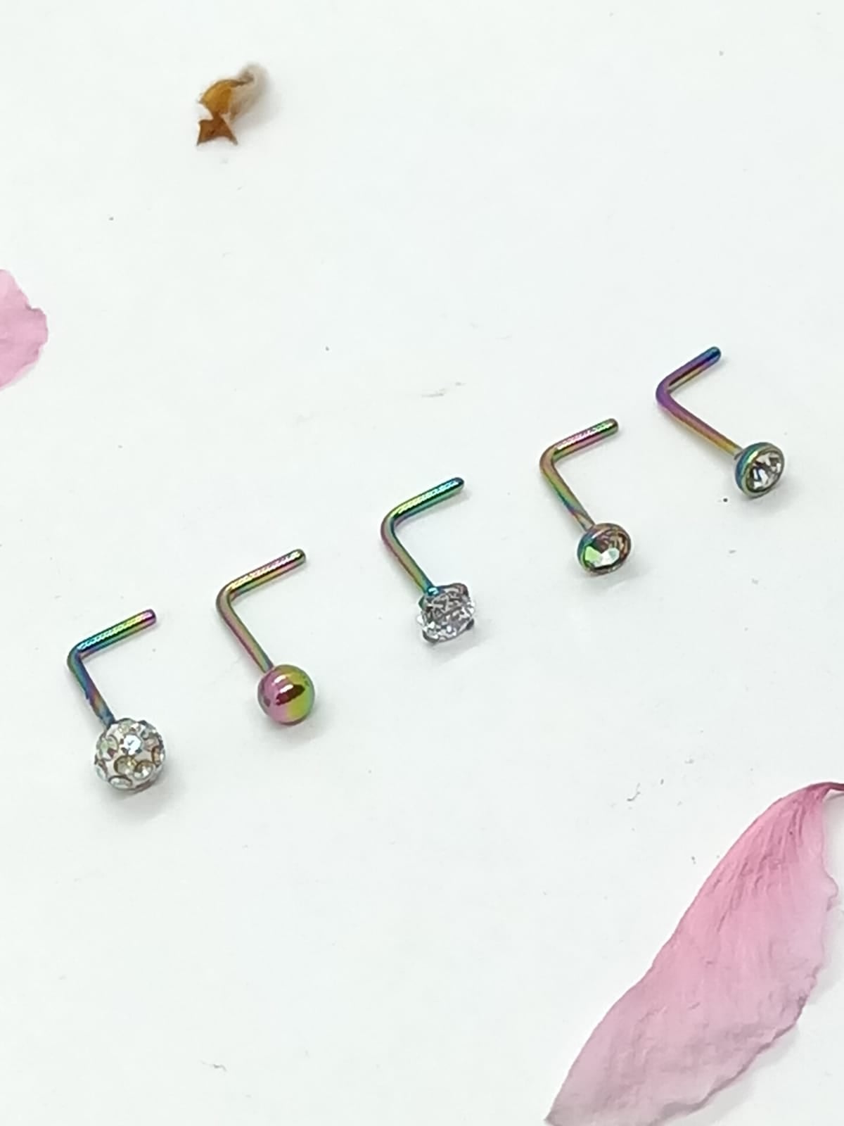 SET 5 PIERCING MULTICOLOR ACERO QUIRÚRGICO NARIZ ZIRCONIA NOSTRIL TIPO L - 5