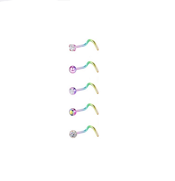 SET 5 PIERCING ACERO QUIRÚRGIC TIPO S NARIZ ZIRCONIA NOSTRIL MULTICOLOR - 1