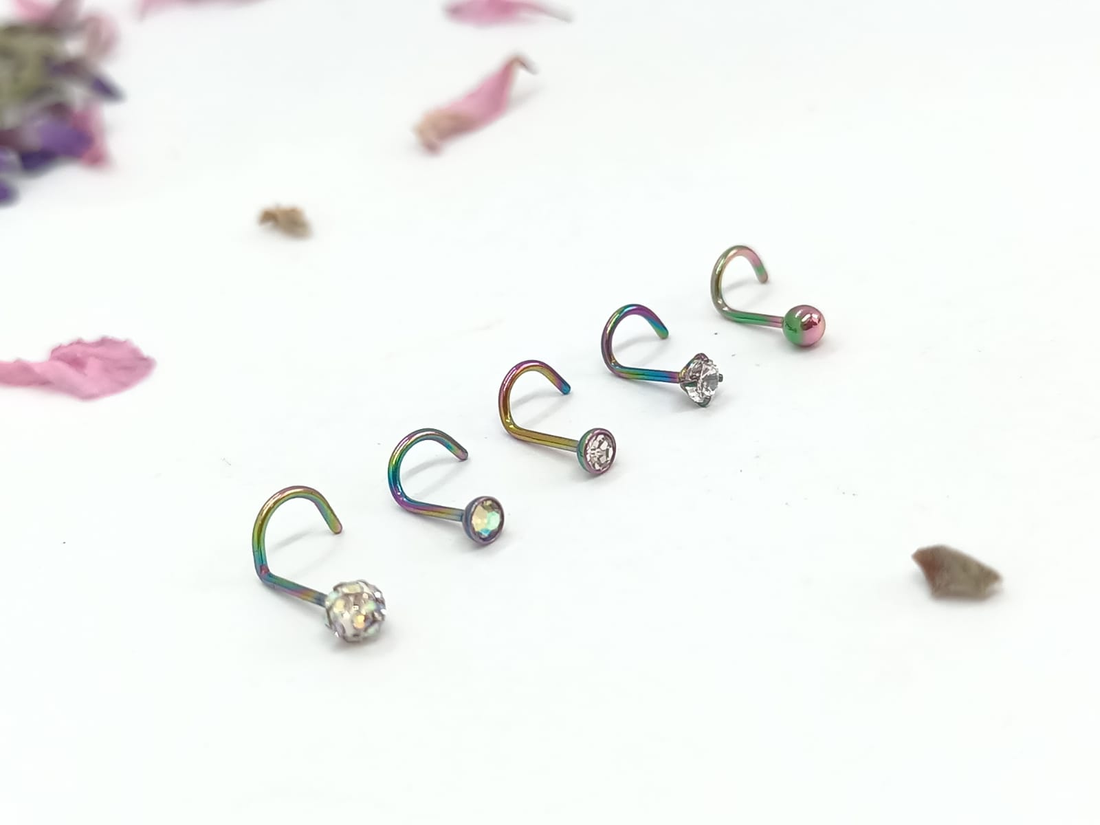SET 5 PIERCING ACERO QUIRÚRGIC TIPO S NARIZ ZIRCONIA NOSTRIL MULTICOLOR - 2