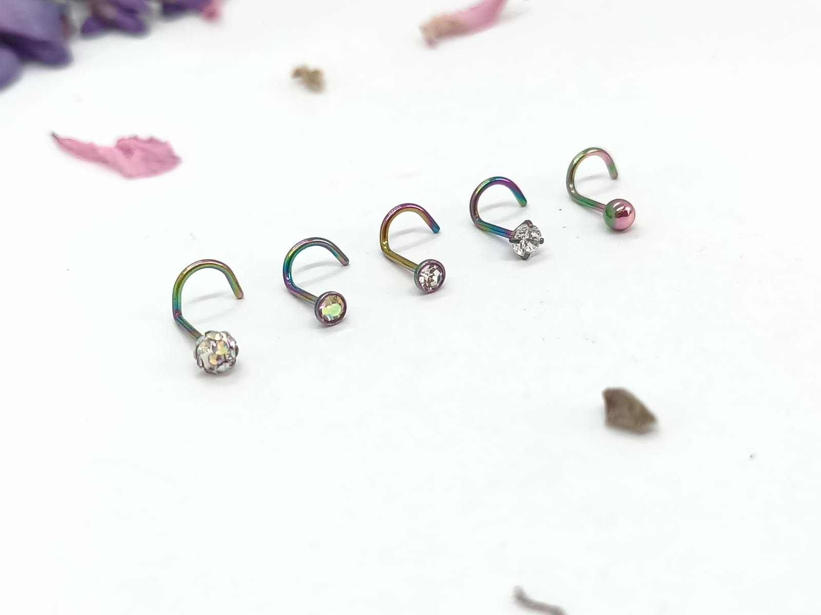 SET 5 PIERCING ACERO QUIRÚRGIC TIPO S NARIZ ZIRCONIA NOSTRIL MULTICOLOR - 5