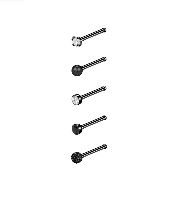 SET 5 PIERCING NEGRO DE ACERO QUIRÚRGICO NARIZ ZIRCONIA PUNK NOSTRIL - 1