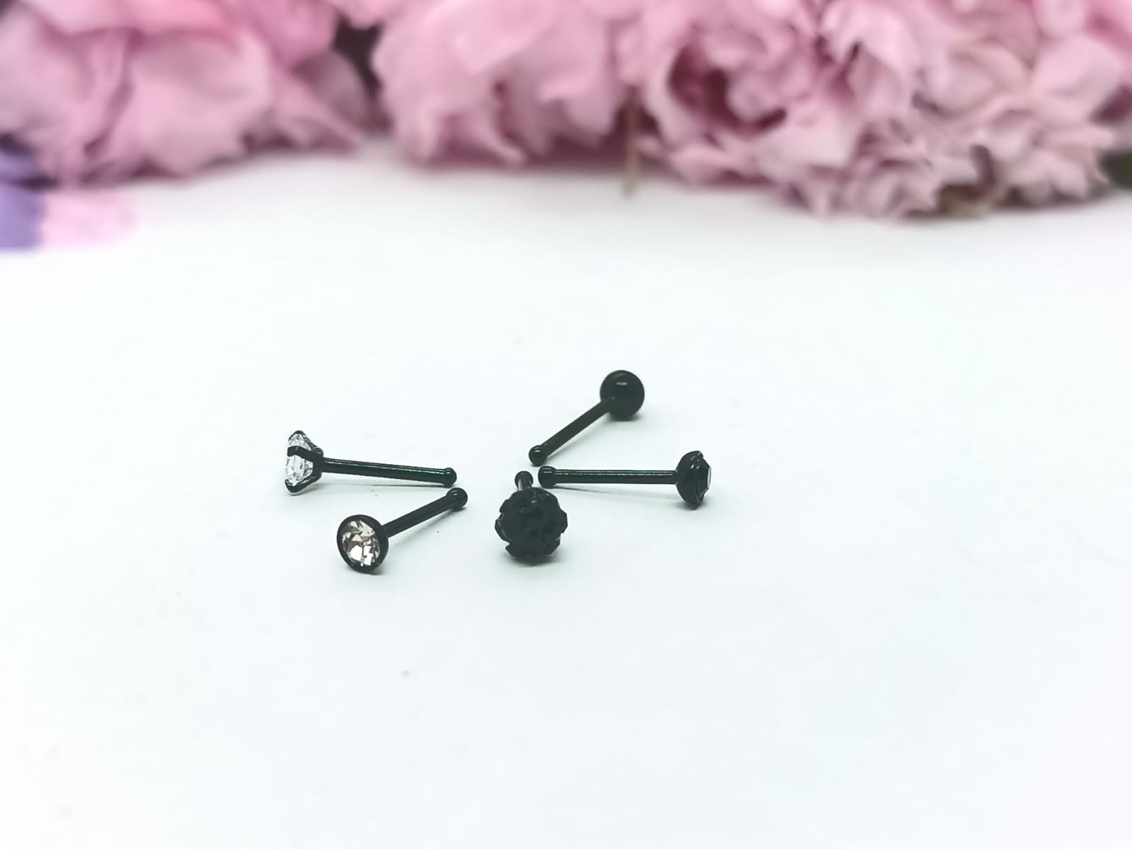 SET 5 PIERCING NEGRO DE ACERO QUIRÚRGICO NARIZ ZIRCONIA PUNK NOSTRIL - 3