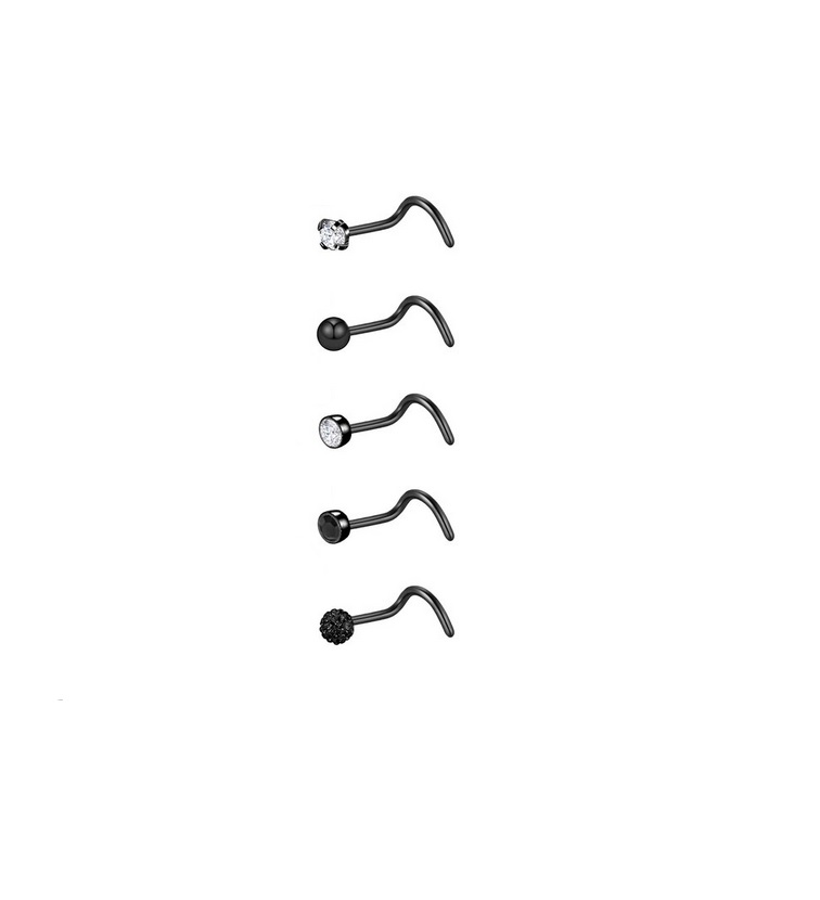 SET 5 PIERCING ACERO QUIRÚRGIC TIPO S NARIZ ZIRCONIA NOSTRIL NEGRO - 1