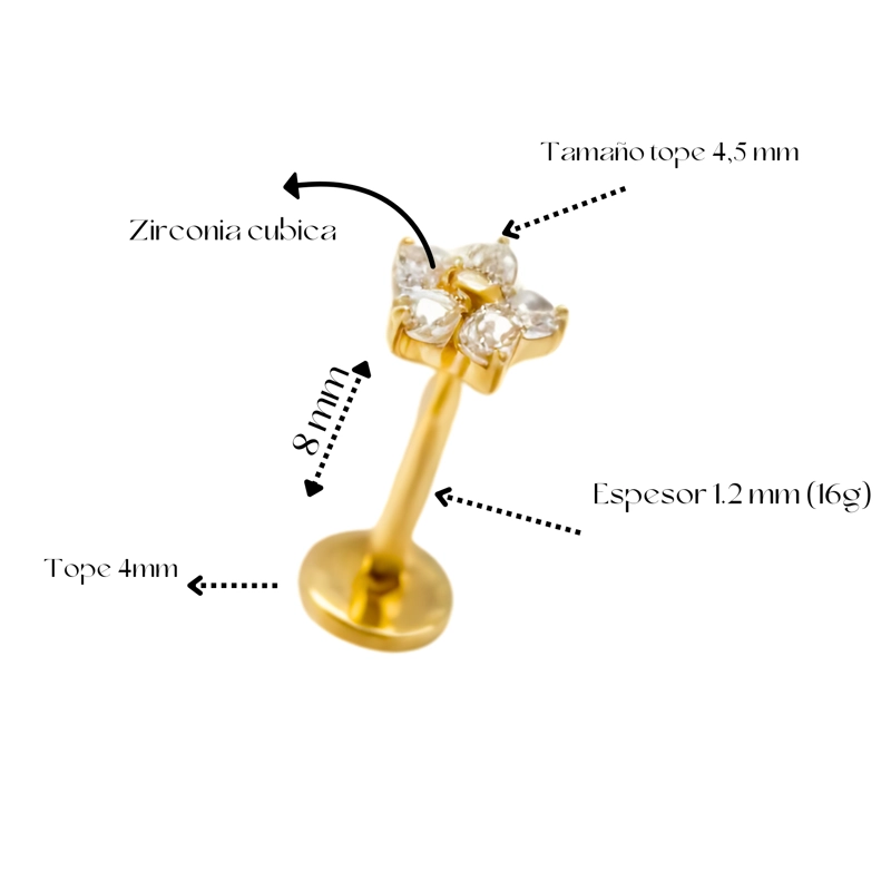 PIERCING LABRET PUNTO DE LUZ FLOR TITANIO ASTM F136 G23 DORADO - 3