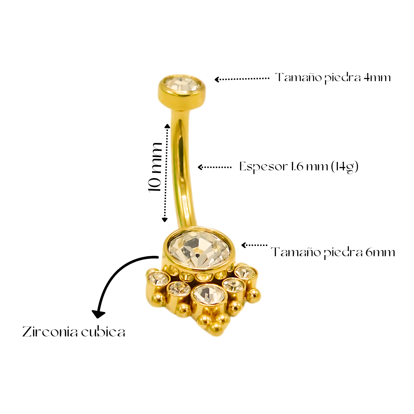 PIERCING DE OMBLIGO EL BAÚL DE JUMA NAVEL 10 MM TITANIO ASTM F136 G23 ZIRCONIA DORADO 14G - 3