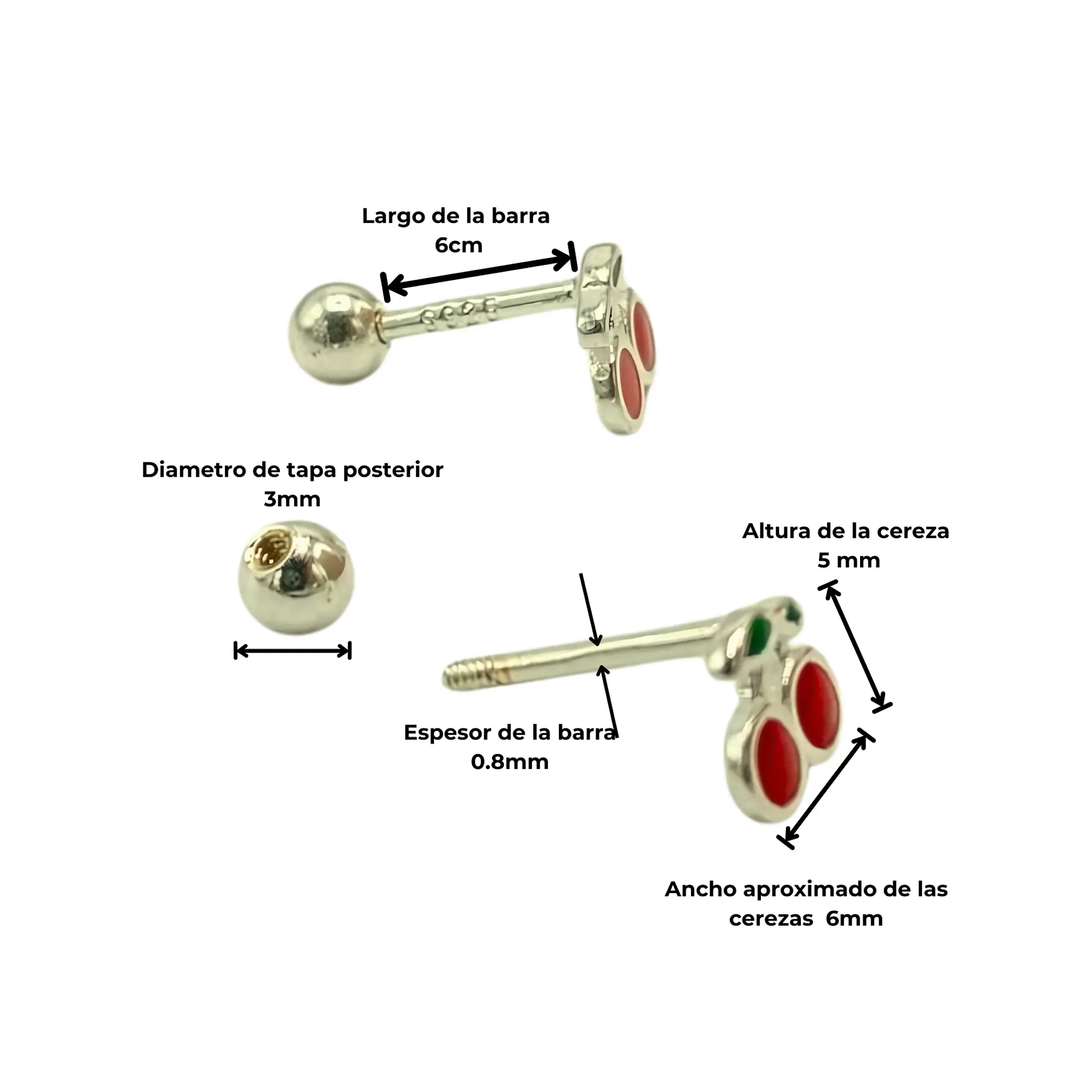 AROS CEREZAS TAPA DE SEGURIDAD PIERCING PLATA FINA 925 - 4