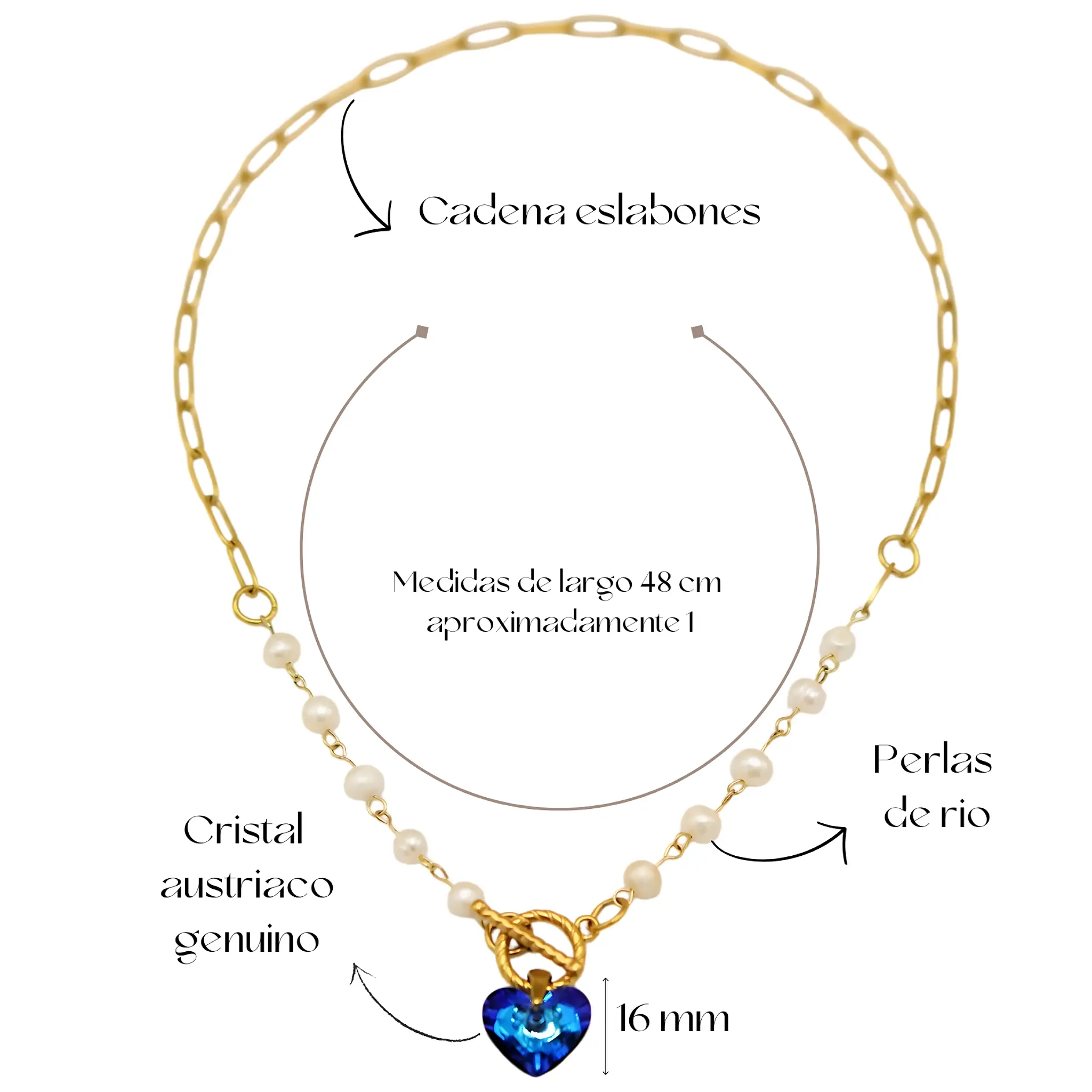 COLLAR MIRANDA CRISTAL AUSTRIACO GENUINO PERLAS DE RIO CHAPADO EN ORO 18K - 2
