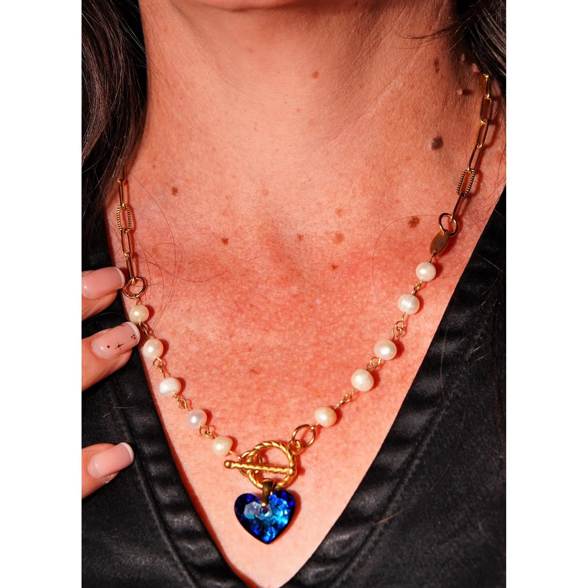 COLLAR MIRANDA CRISTAL AUSTRIACO GENUINO PERLAS DE RIO CHAPADO EN ORO 18K - 7