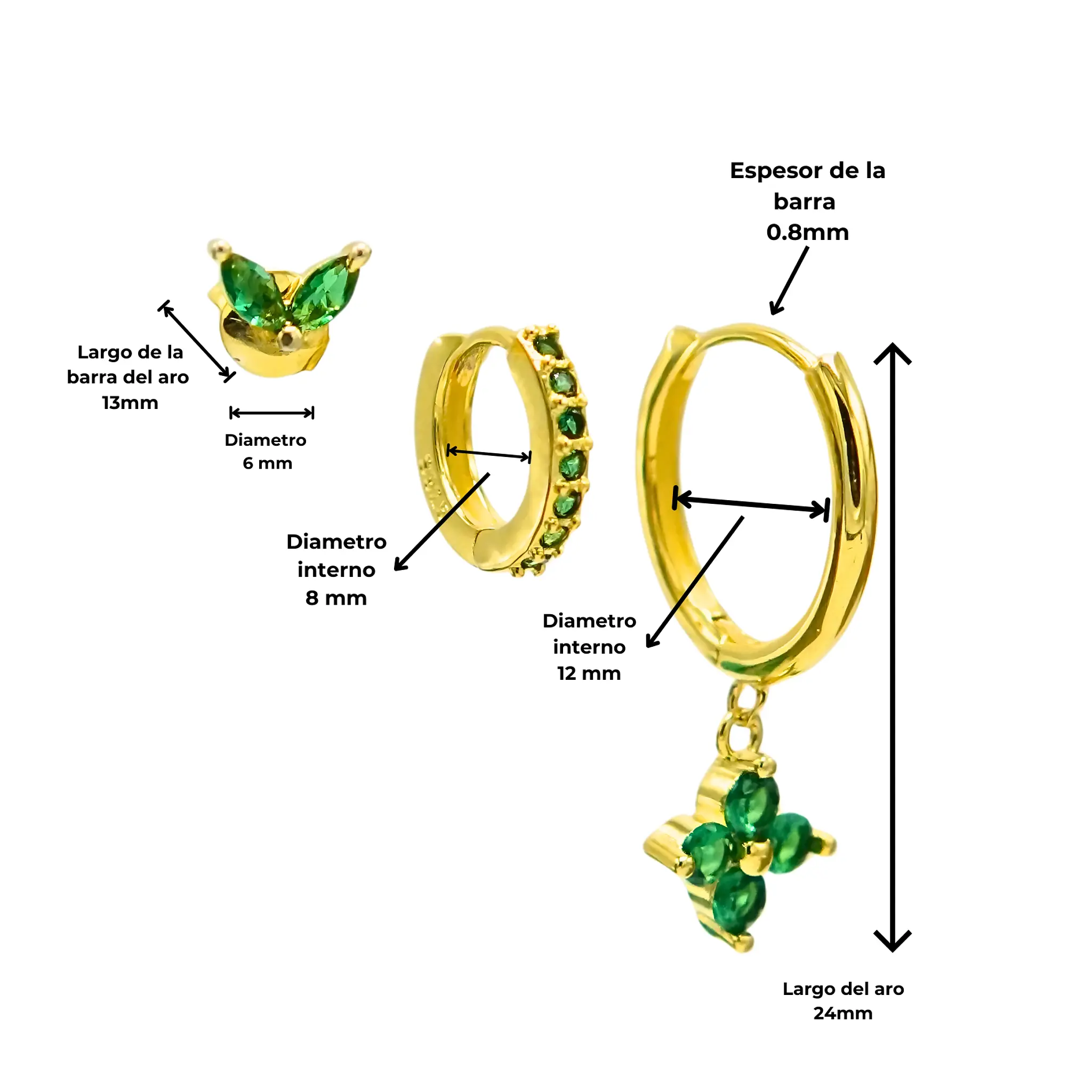 PACK DE AROS ANTONIA ZIRCONIA VERDE CHAPADOS EN ORO 18K - 2