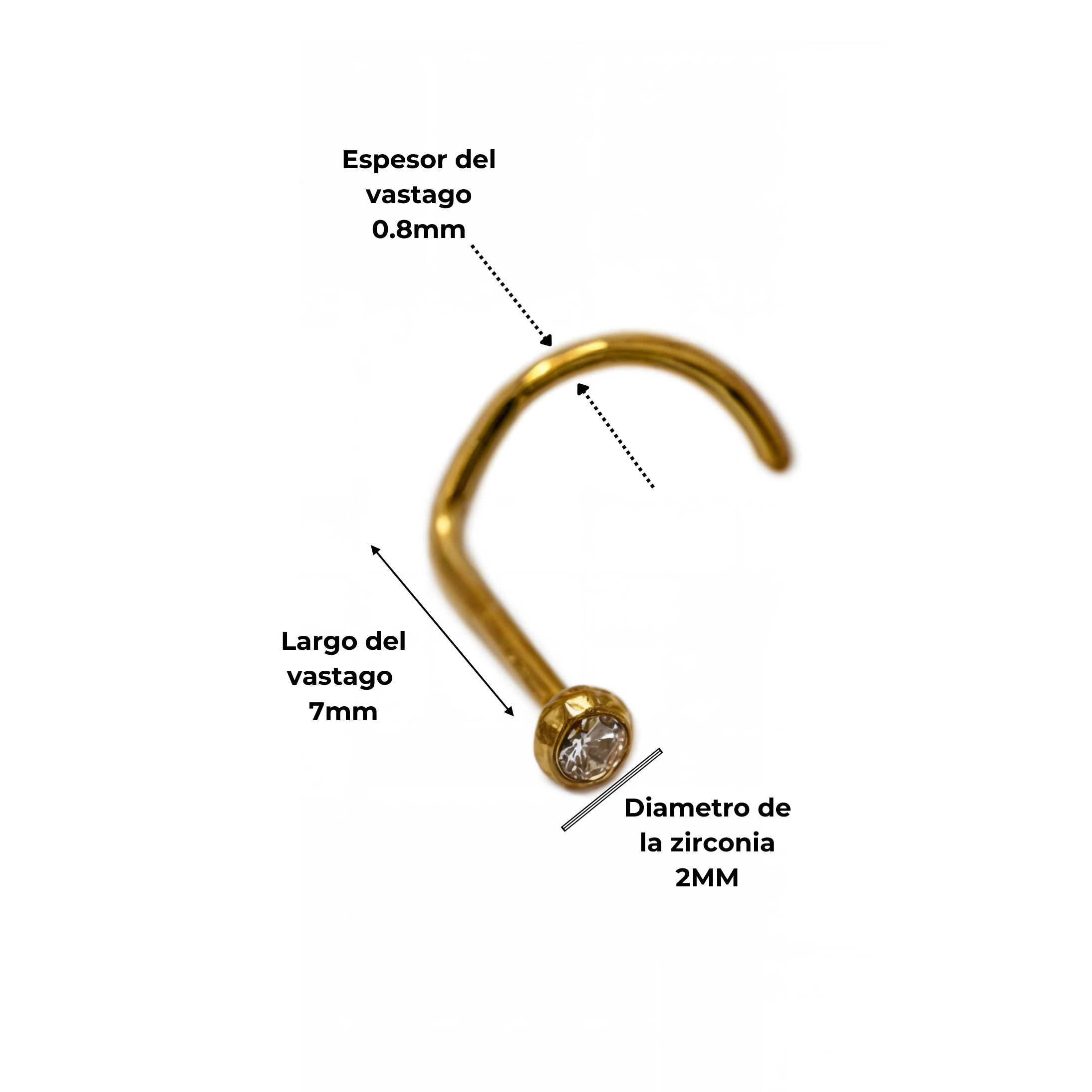 PIERCING TIPO S NOSTRIL 2MM TITANIO ASTM F136 CHAPADO EN ORO 18K - 1