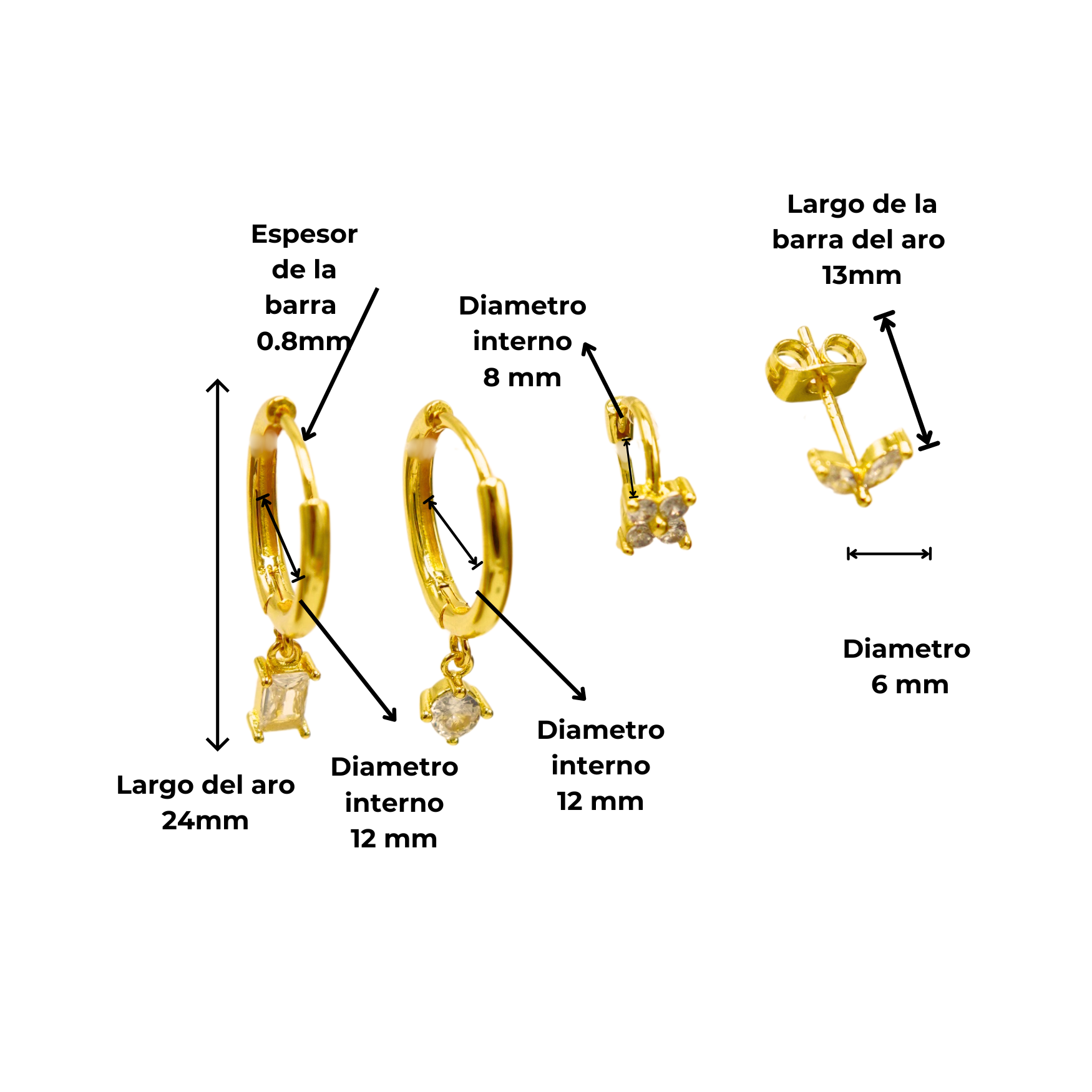 PACK DE 4 AROS ARGOLLAS PUNTO DE LUZ BAÑADAS EN ORO 18K - 1