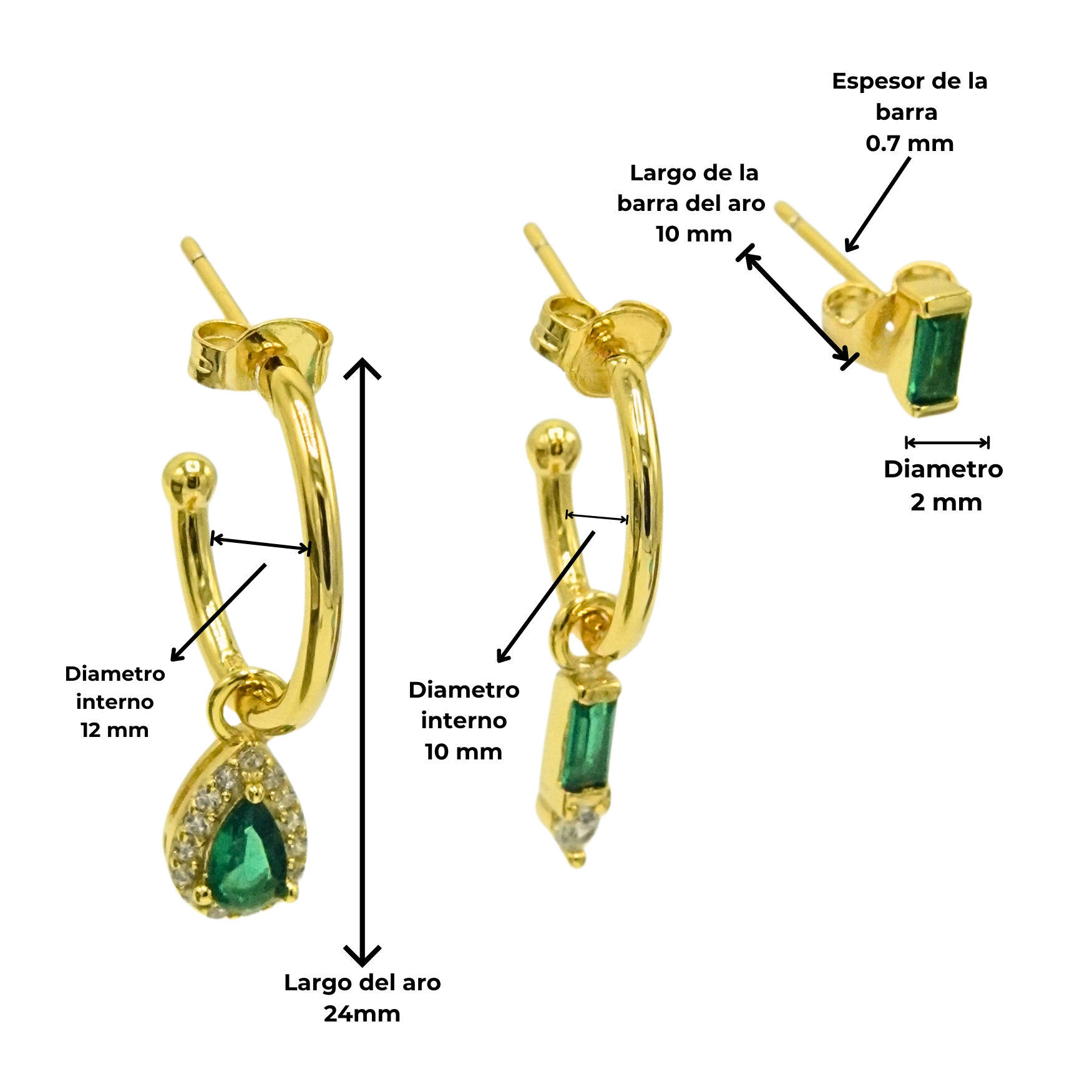 PACK DE AROS DIANA ZIRCONIAS VERDES BAÑADO EN ORO - 4